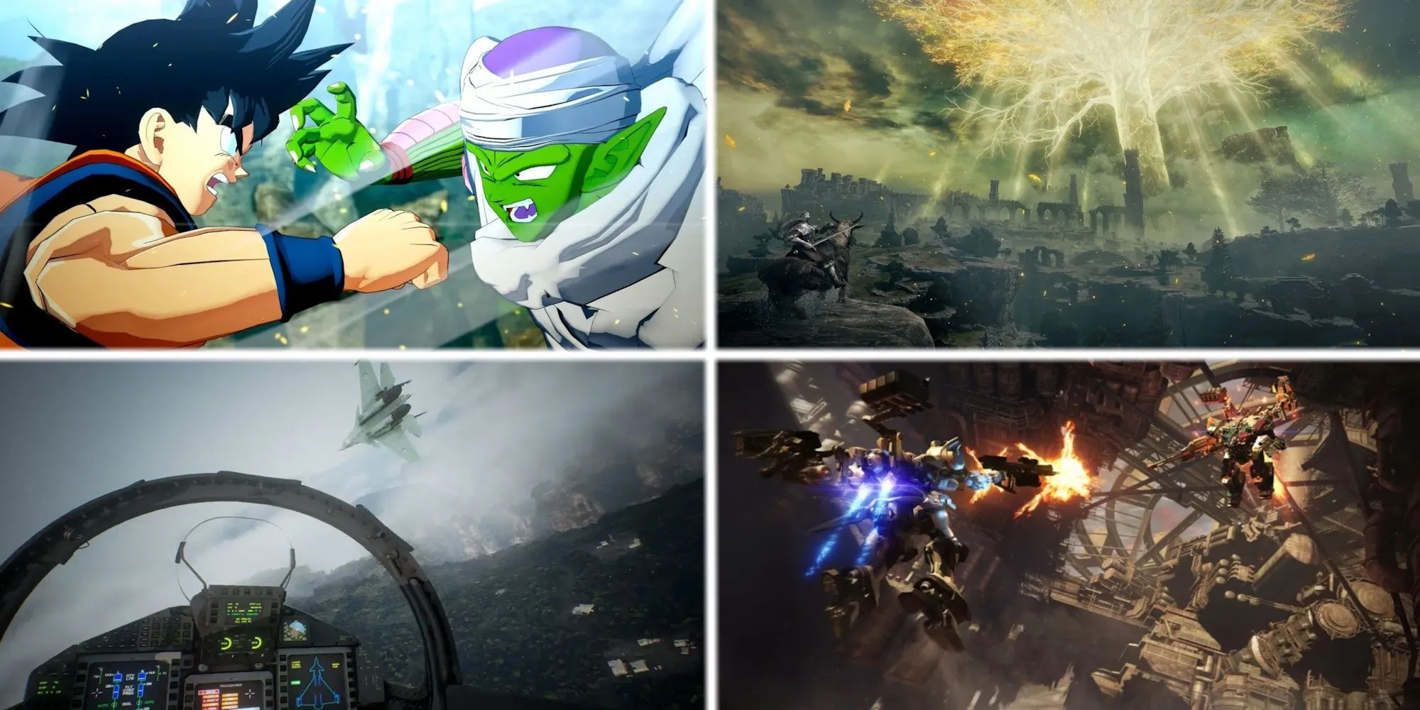 Ảnh tổng hợp các game nổi bật của Bandai Namco: Dragon Ball Z Kakarot, Elden Ring, Ace Combat 7, Armored Core 6