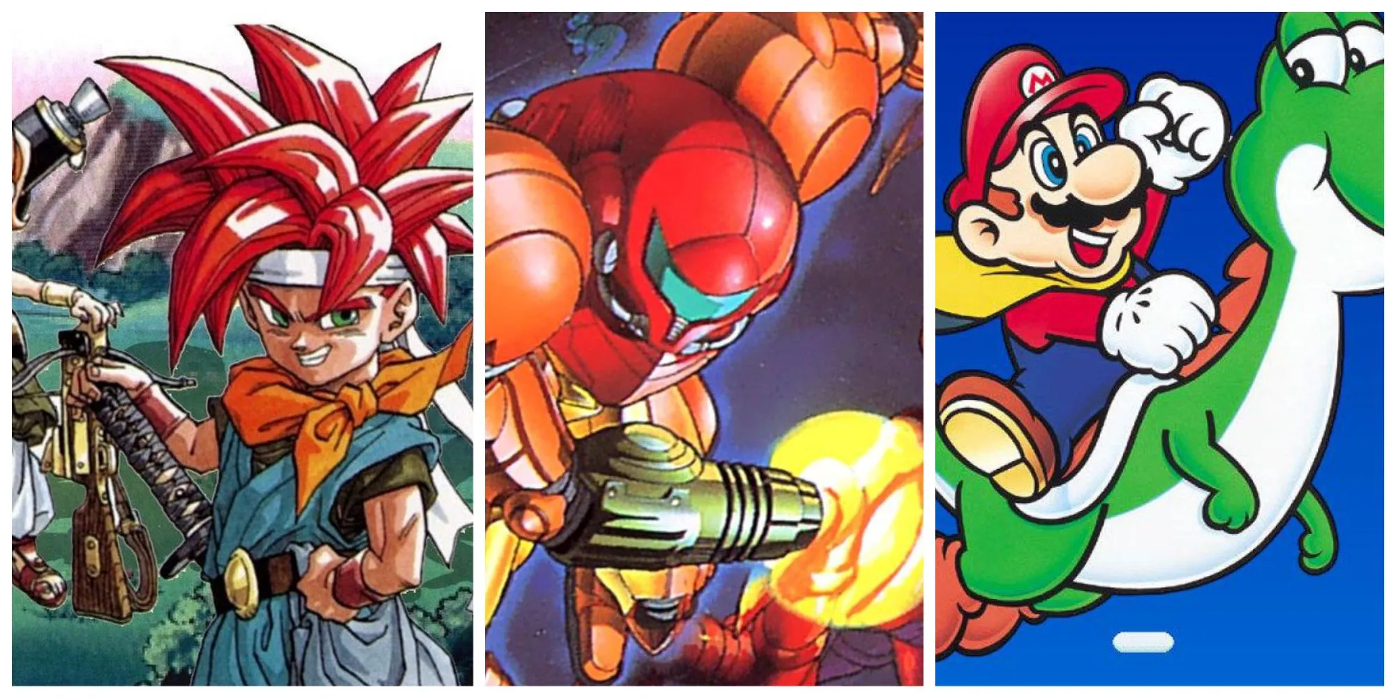 Ảnh tổng hợp các game SNES kinh điển như Chrono Trigger, Super Metroid và Super Mario World