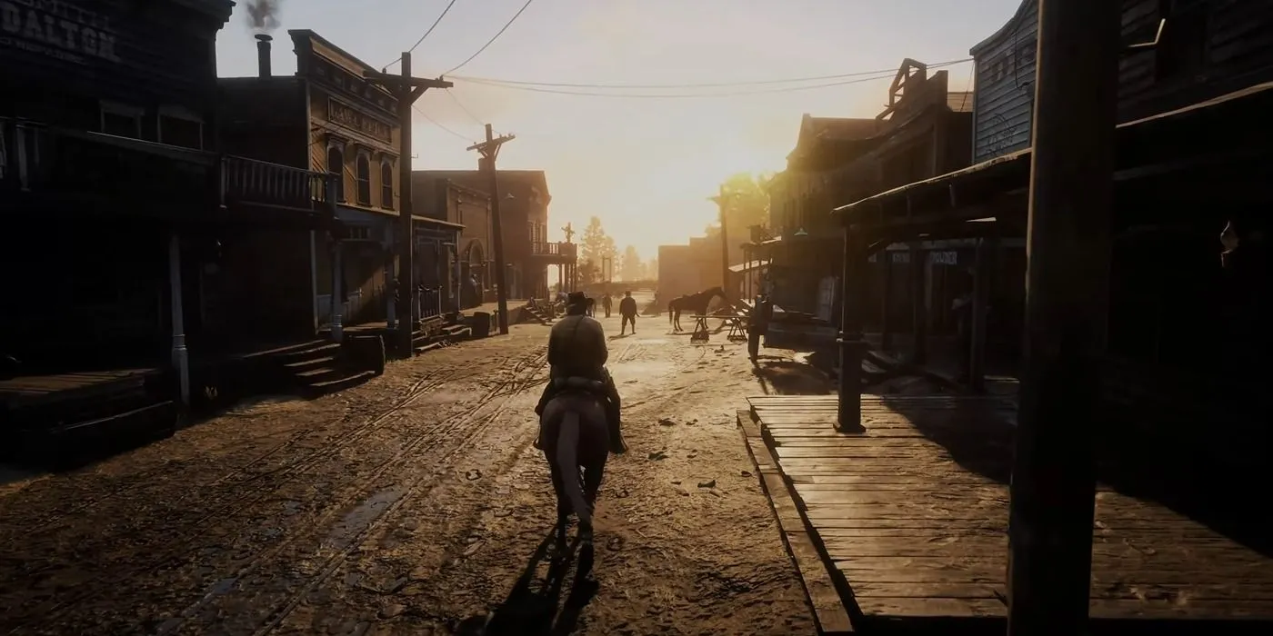 Arthur Morgan cưỡi ngựa qua thị trấn Valentine trong Red Dead Redemption 2, một thế giới mở rộng lớn