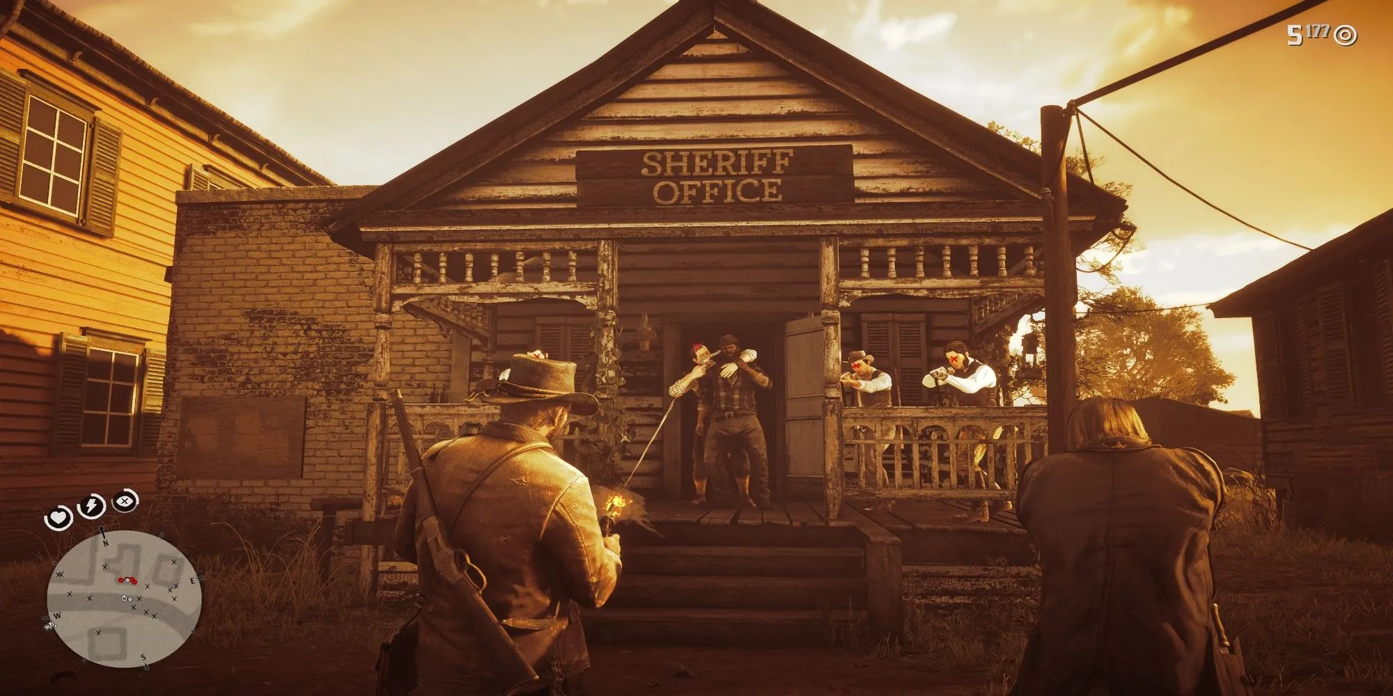 Arthur Morgan sử dụng kỹ năng Dead Eye để cứu Bill Williamson trong một nhiệm vụ của Red Dead Redemption 2
