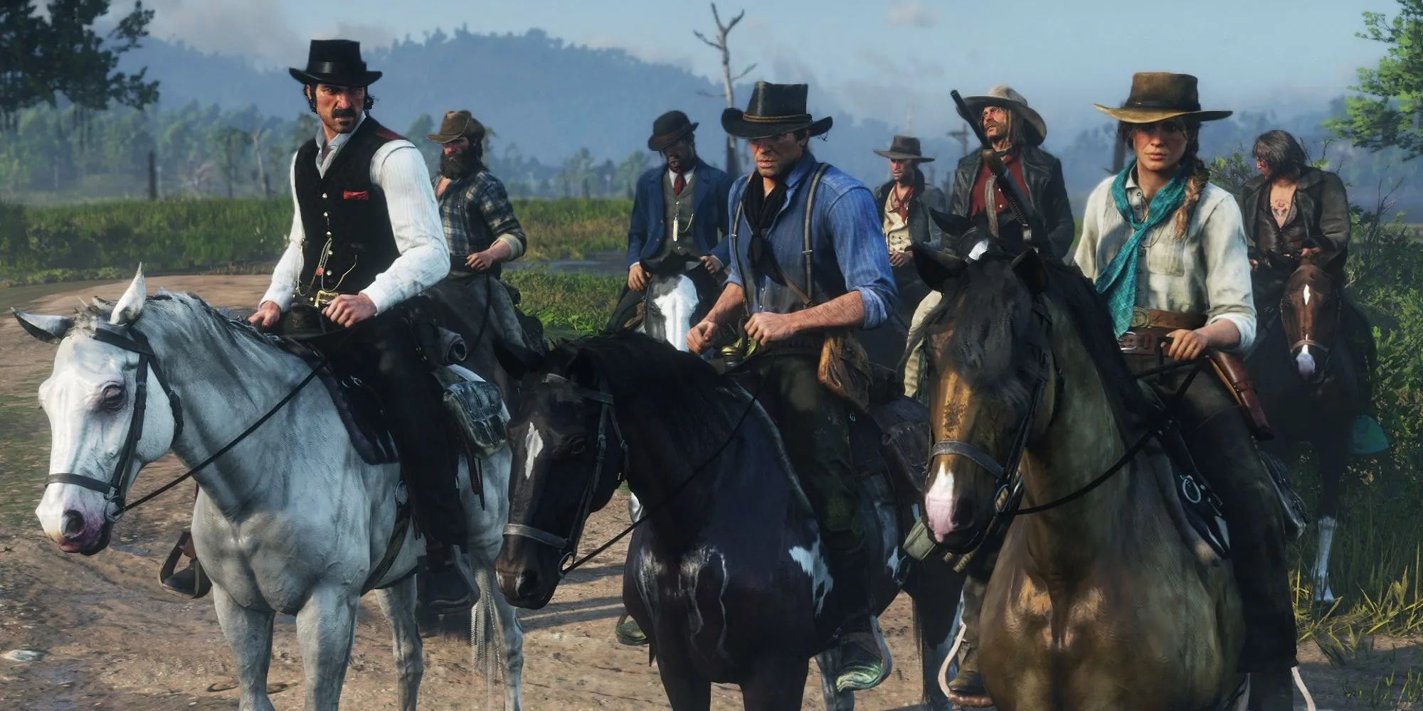 Arthur Morgan và băng đảng Van Der Linde cưỡi ngựa trong Red Dead Redemption II, thể hiện sự gắn kết và đa dạng của các nhân vật