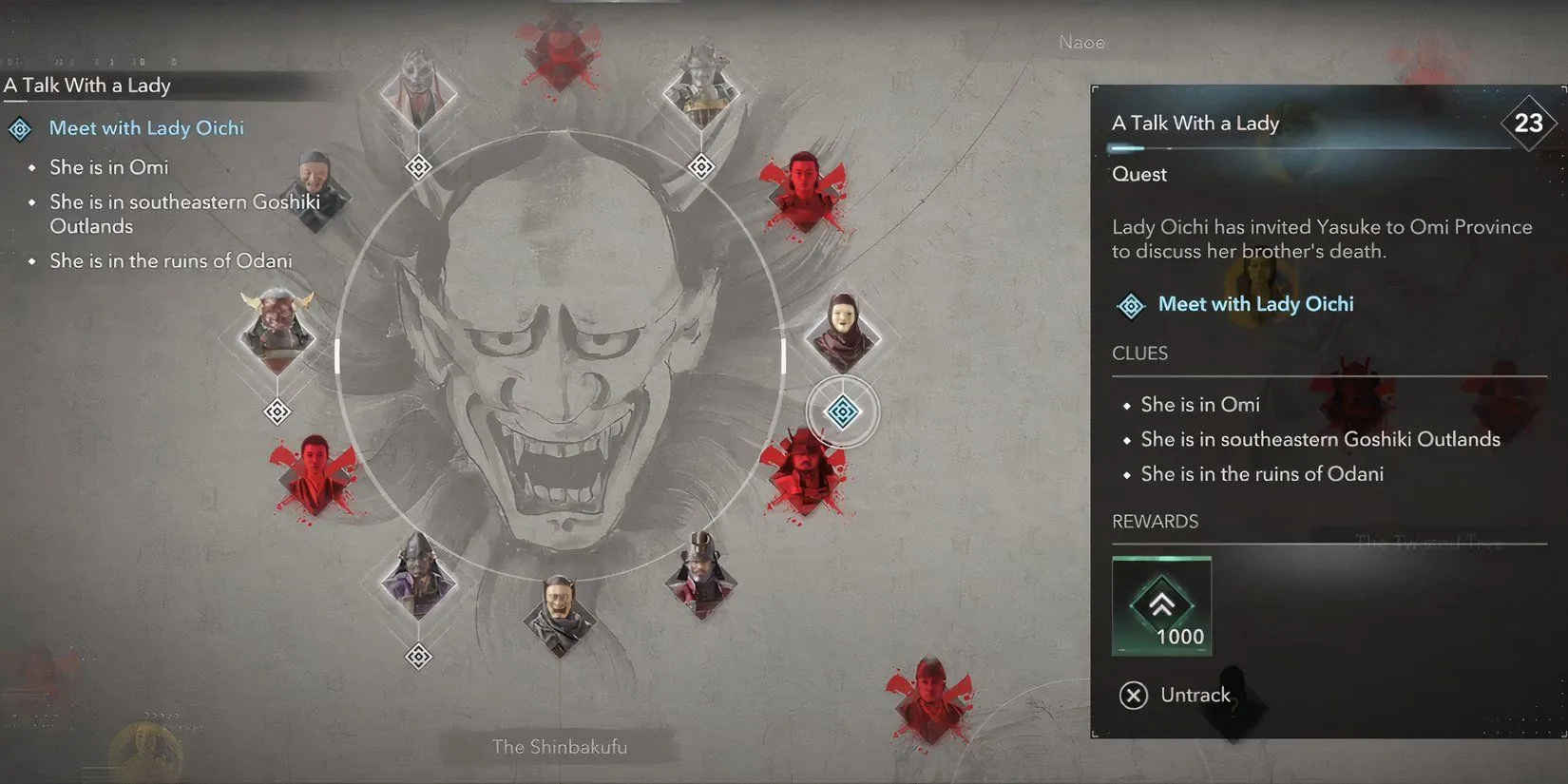 Assassin's Creed Shadows: Lựa chọn nhiệm vụ "A Talk with a Lady" trên bảng mục tiêu Shinbakufu.