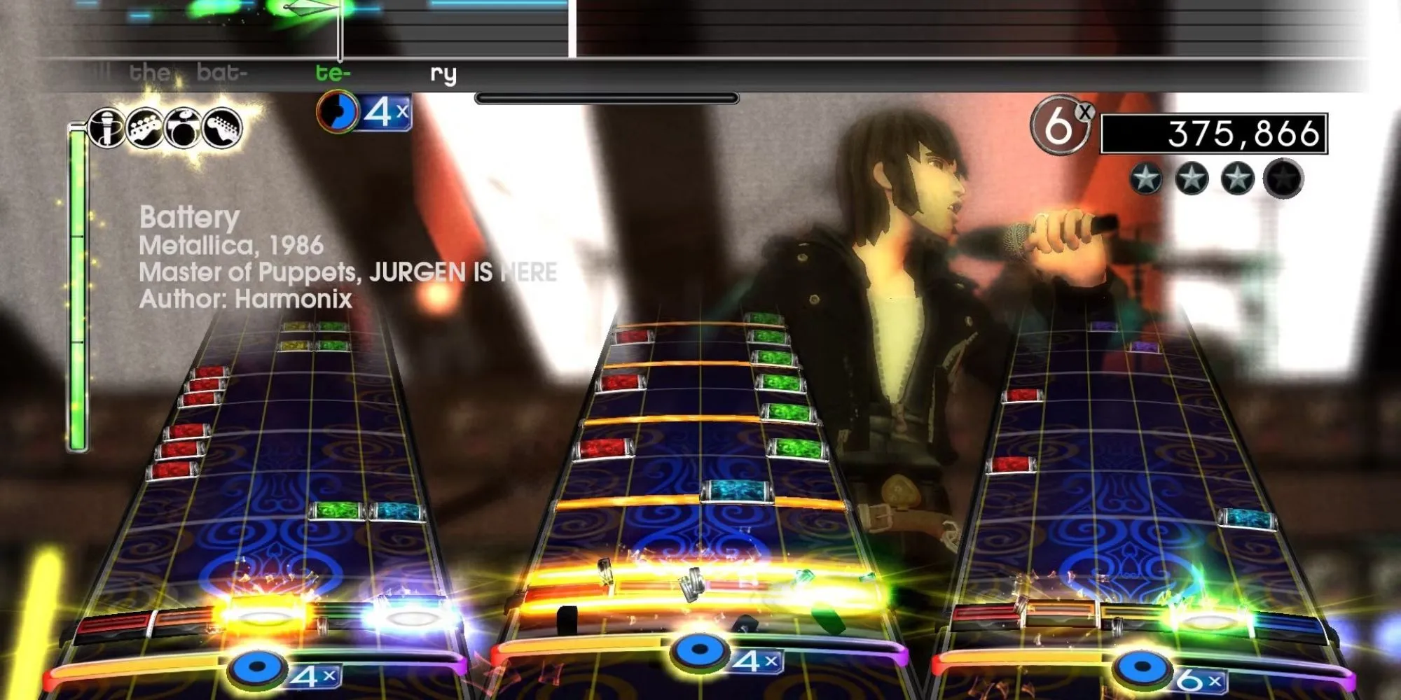 Ba người chơi đang biểu diễn trong game âm nhạc Rock Band 2