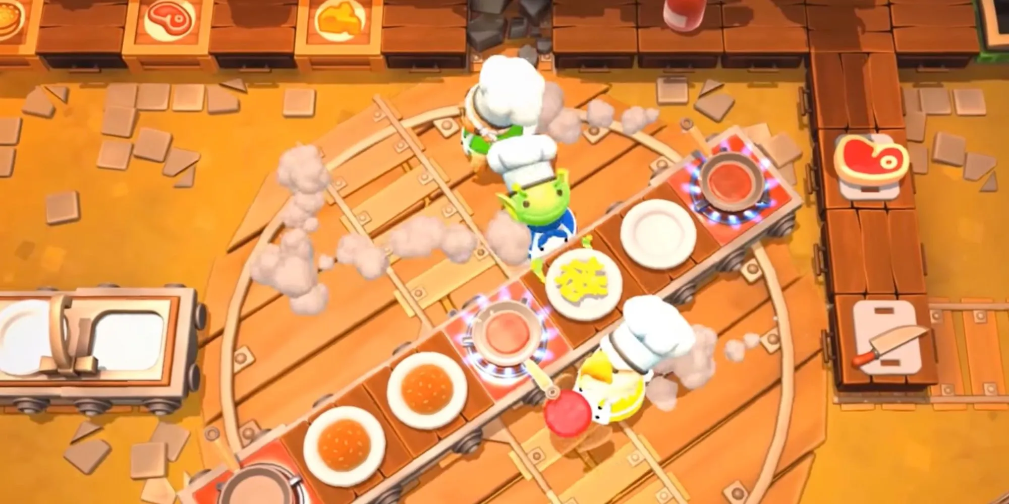 Ba người chơi phối hợp nấu ăn trong một màn chơi hỗn loạn của Overcooked 2