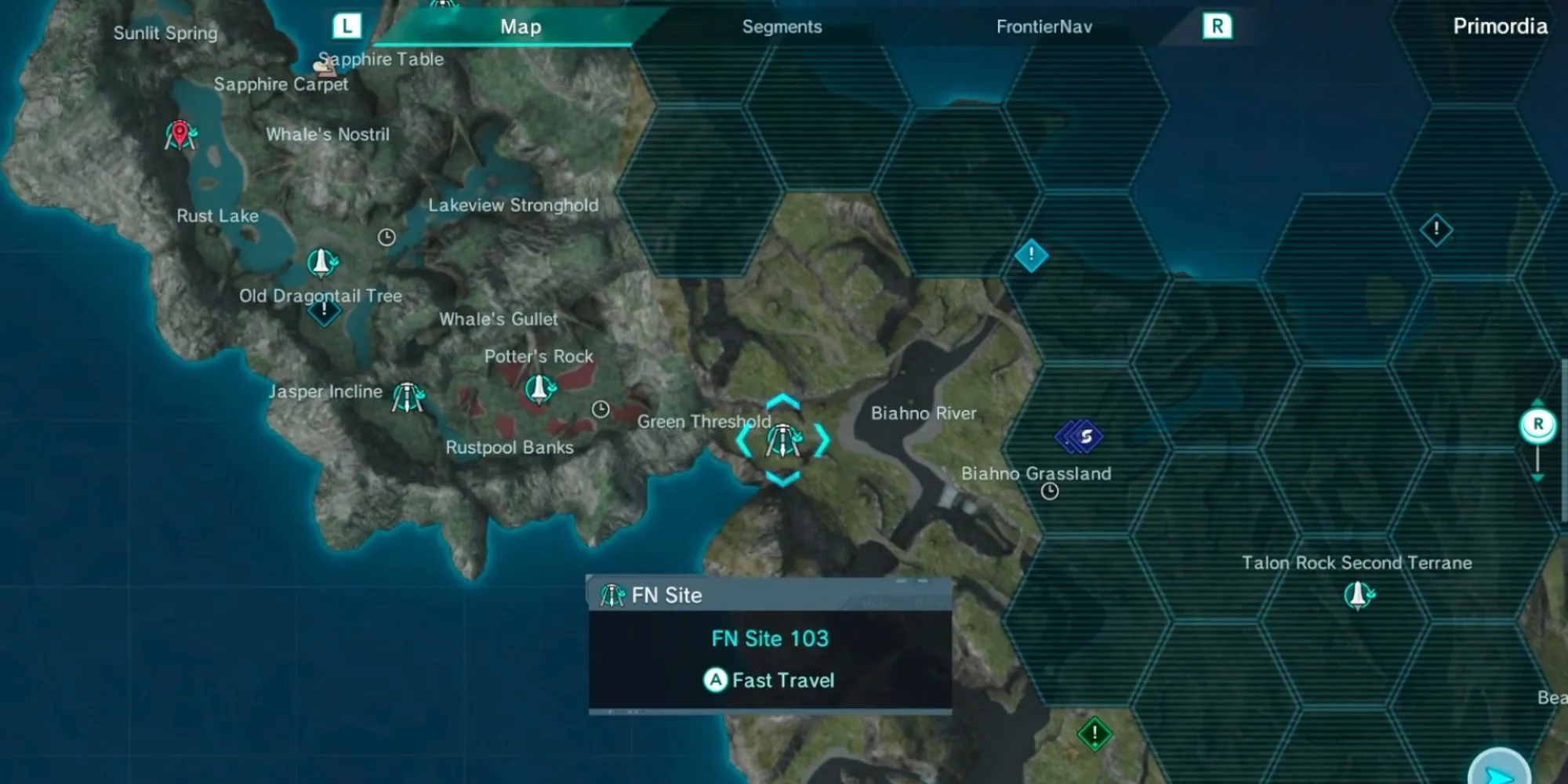 Bản đồ hiển thị vị trí Biahno River và các FN Site lân cận trong Xenoblade Chronicles X