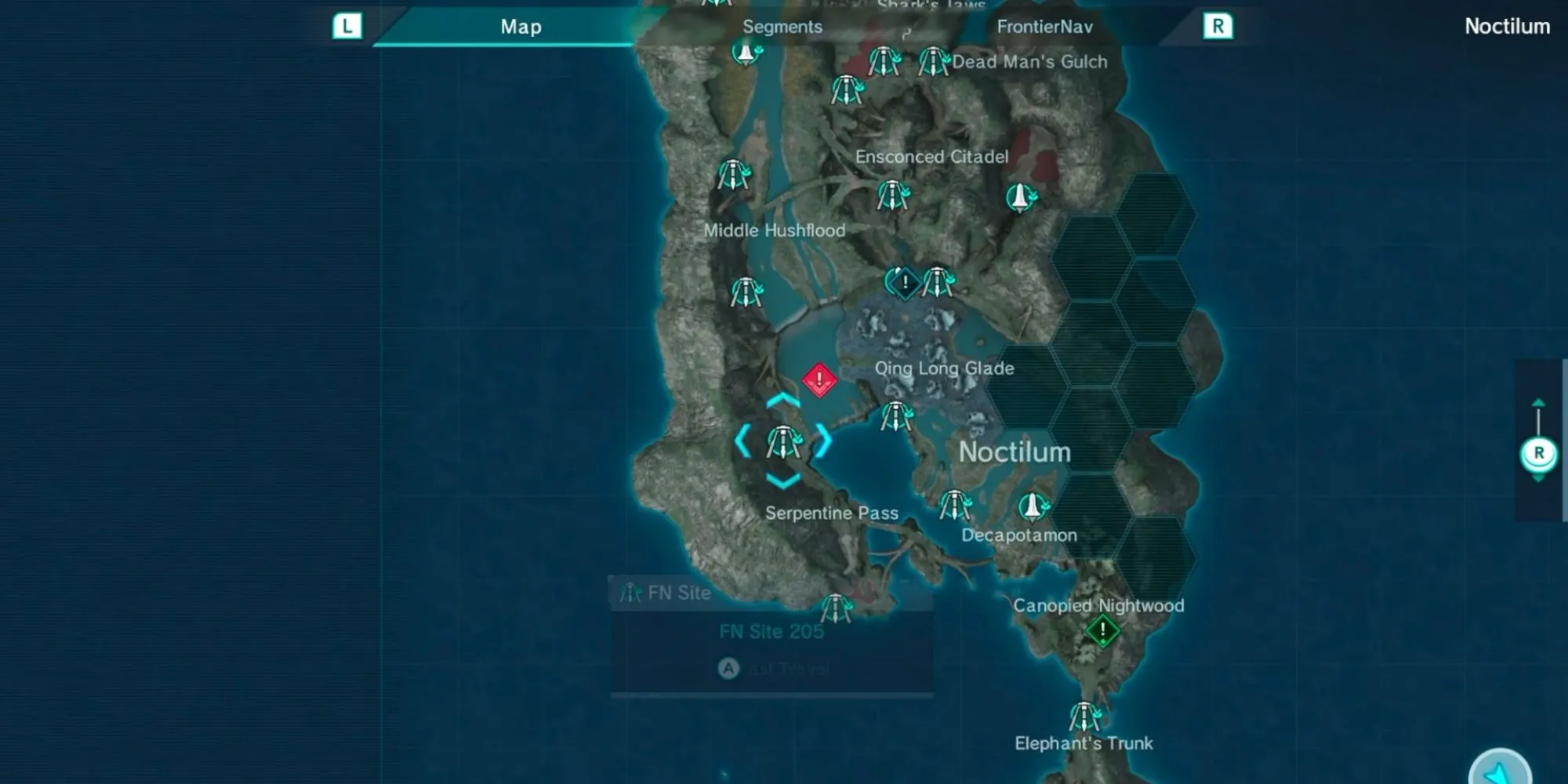 Bản đồ thế giới của Xenoblade Chronicles X với nhiều điểm đánh dấu và khu vực chưa được khám phá.