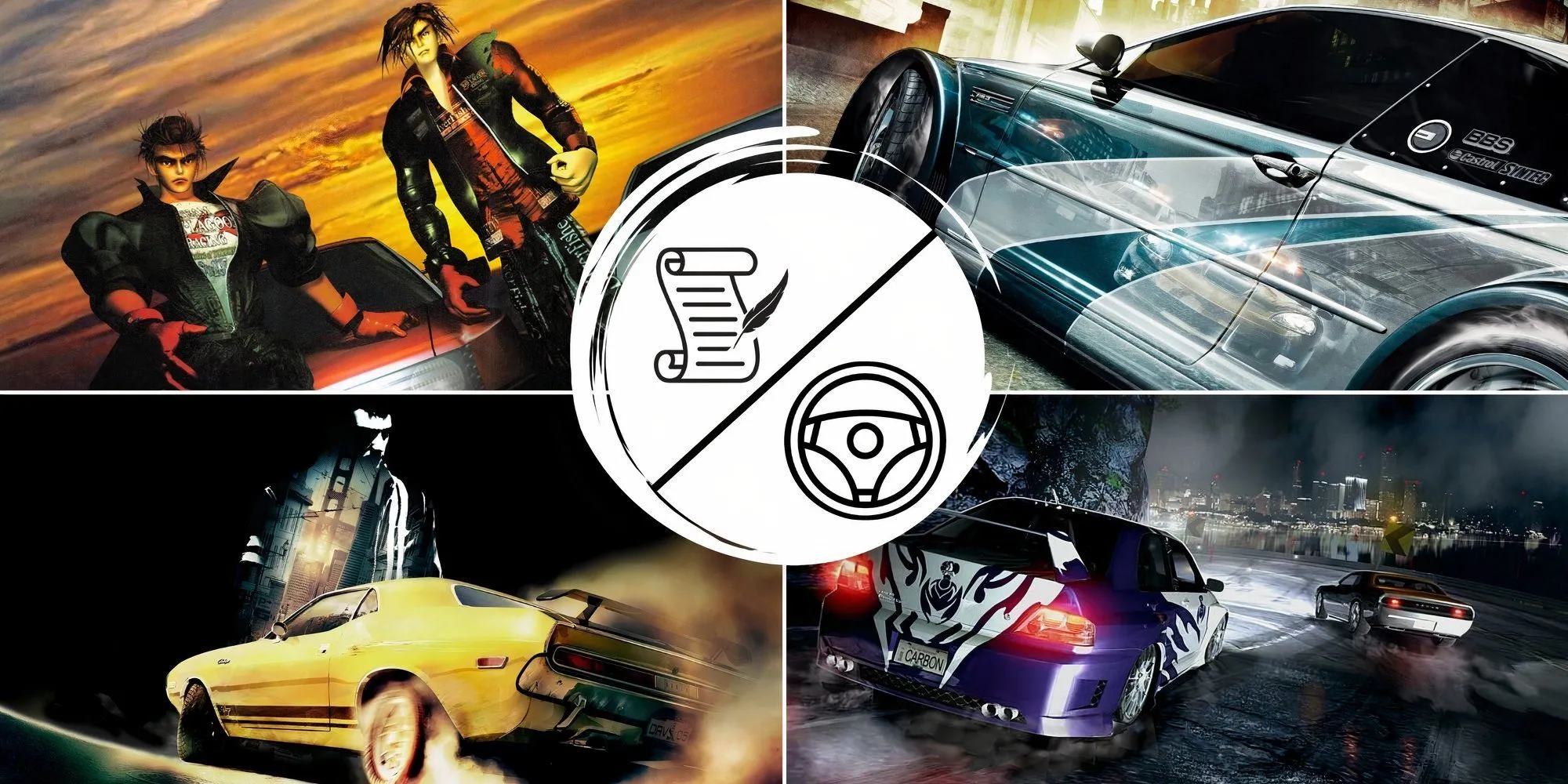 Bìa game hoặc cảnh cắt từ một game đua xe có cốt truyện, đại diện cho chủ đề các game đua xe hay có chế độ story