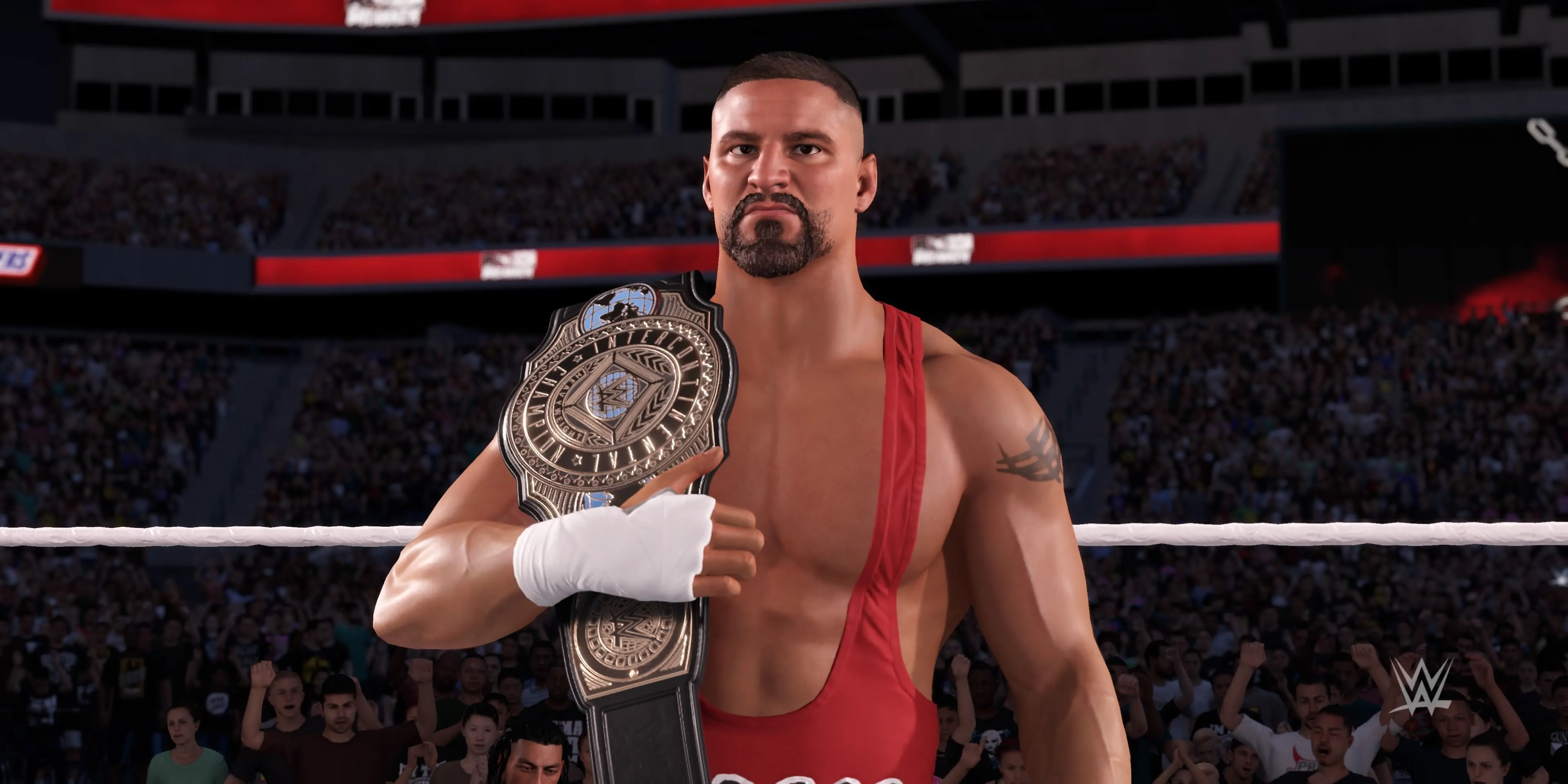 Bron Breakker trong WWE 2K25 với cơ bắp cuồn cuộn và biểu cảm mạnh mẽ