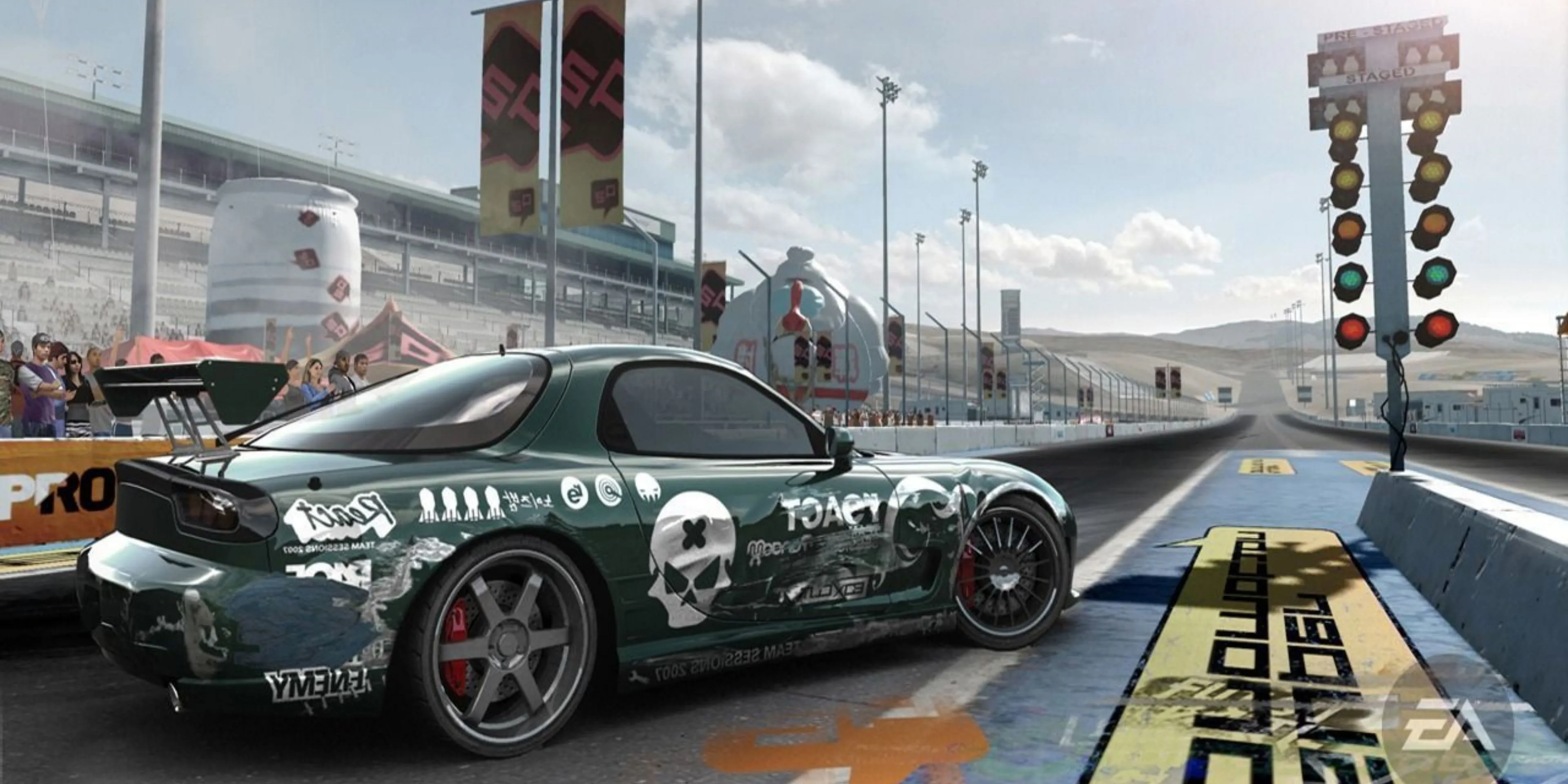 Bức ảnh quảng cáo chính thức của NFS ProStreet, thể hiện không khí giải đấu đua xe chuyên nghiệp trên đường pitch