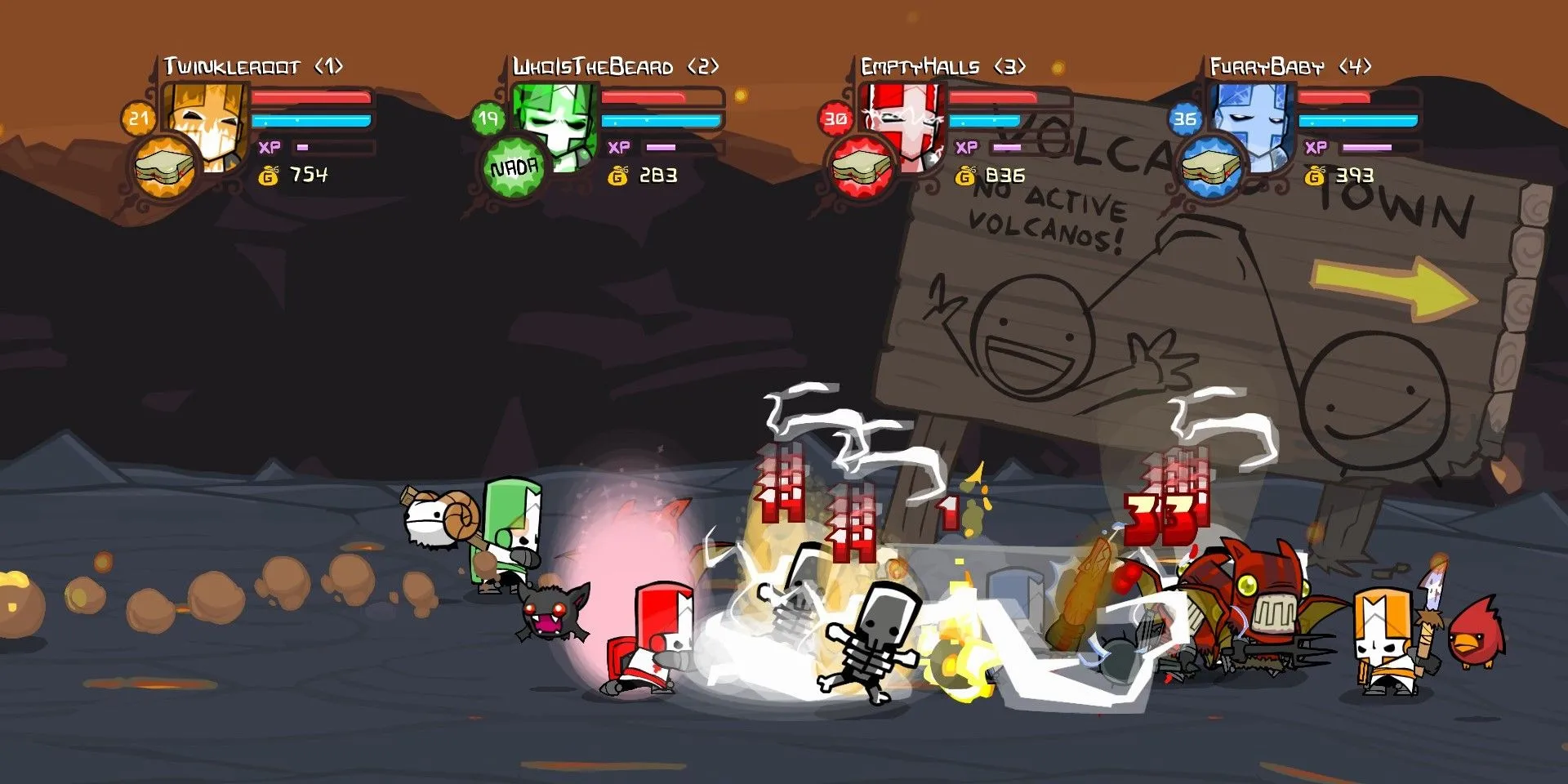 Các hiệp sĩ Castle Crashers chiến đấu trong một màn chơi đầy màu sắc