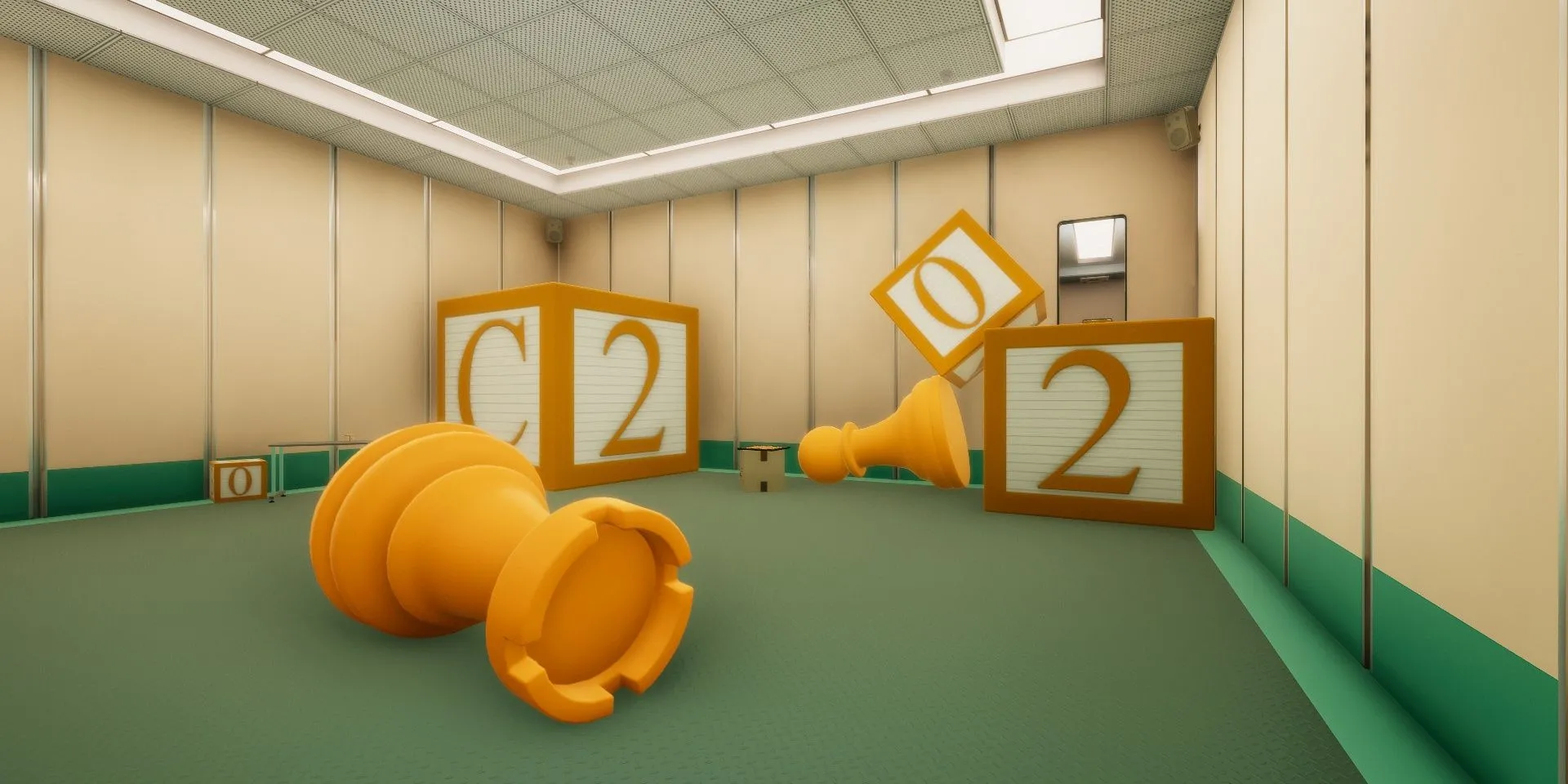 Các khối hộp và quân cờ được xếp chồng lên nhau trong Superliminal - game giải đố dựa trên phối cảnh
