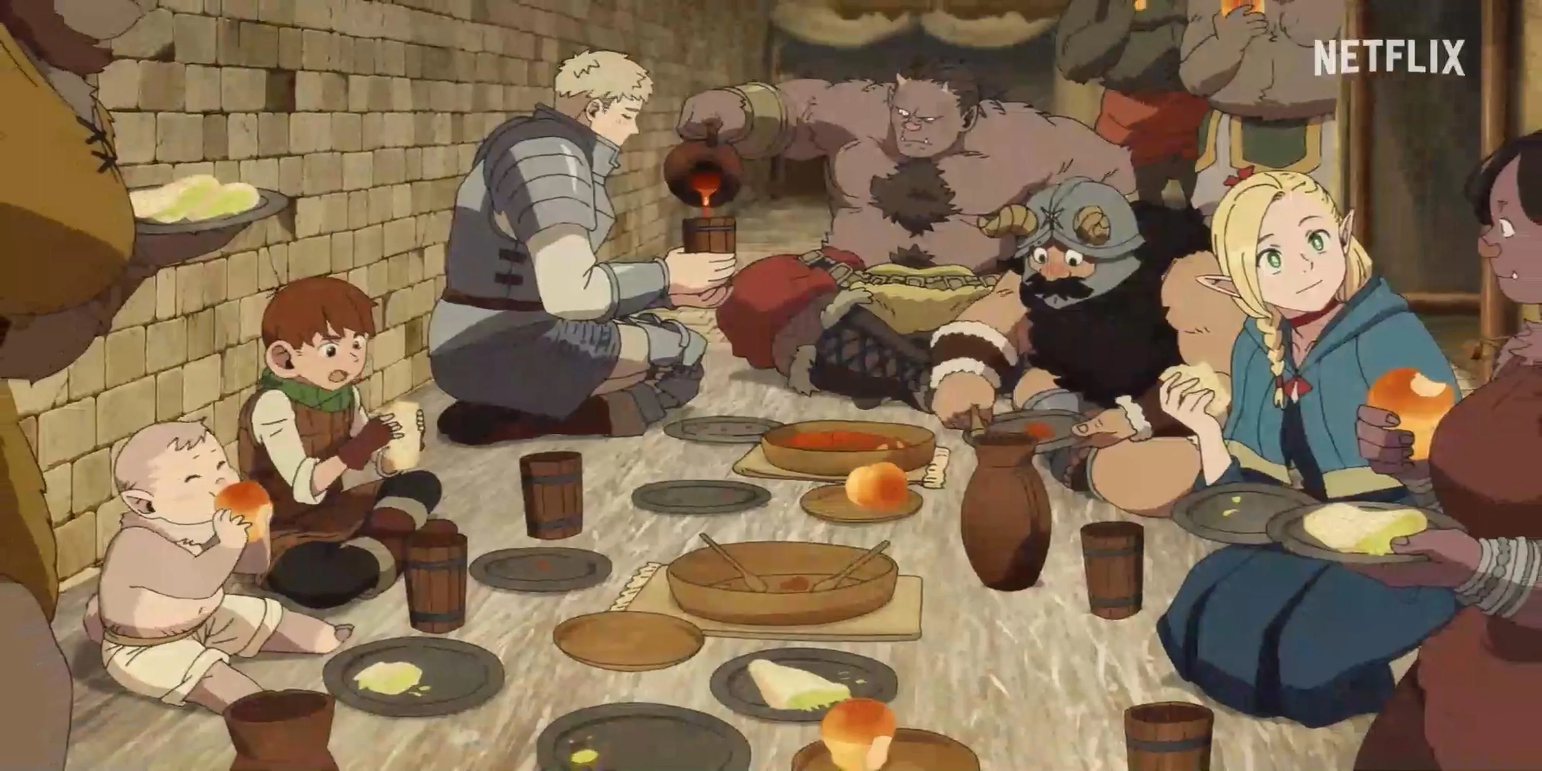 Các nhân vật chính Laios, Marcille, Chilchuck, và Senshi đang nấu ăn trong anime Delicious in Dungeon