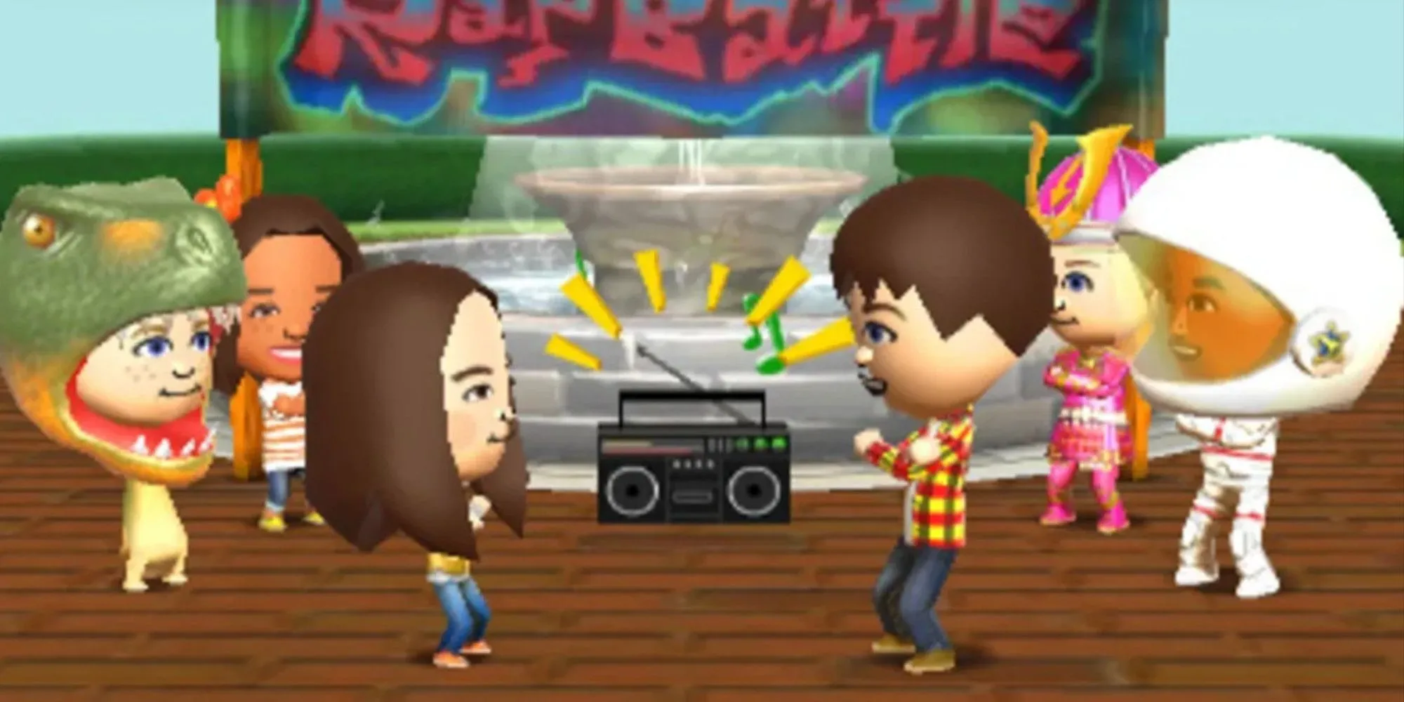 Các nhân vật Mii hóa trang nhảy múa bên boombox trong Tomodachi Life