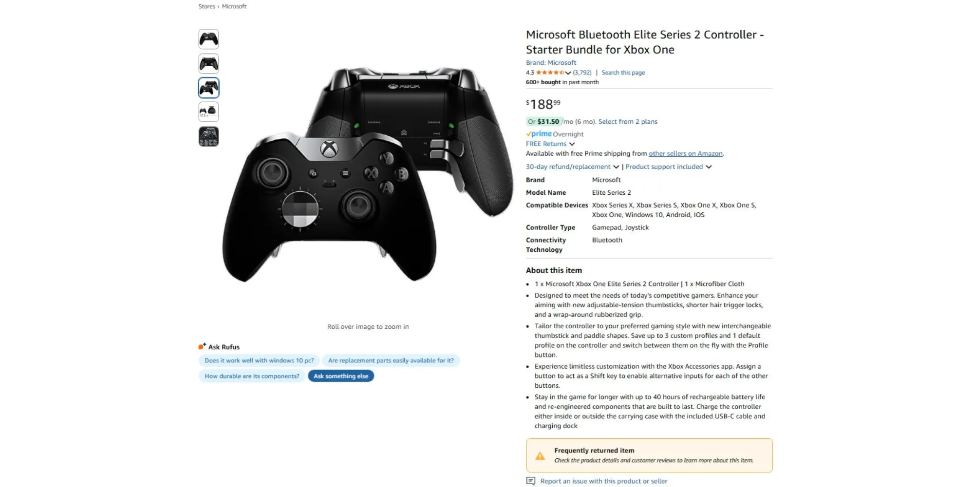 Cảnh báo &quot;Thường xuyên được trả lại&quot; hiển thị trên trang sản phẩm Xbox Elite Series 2 trên Amazon
