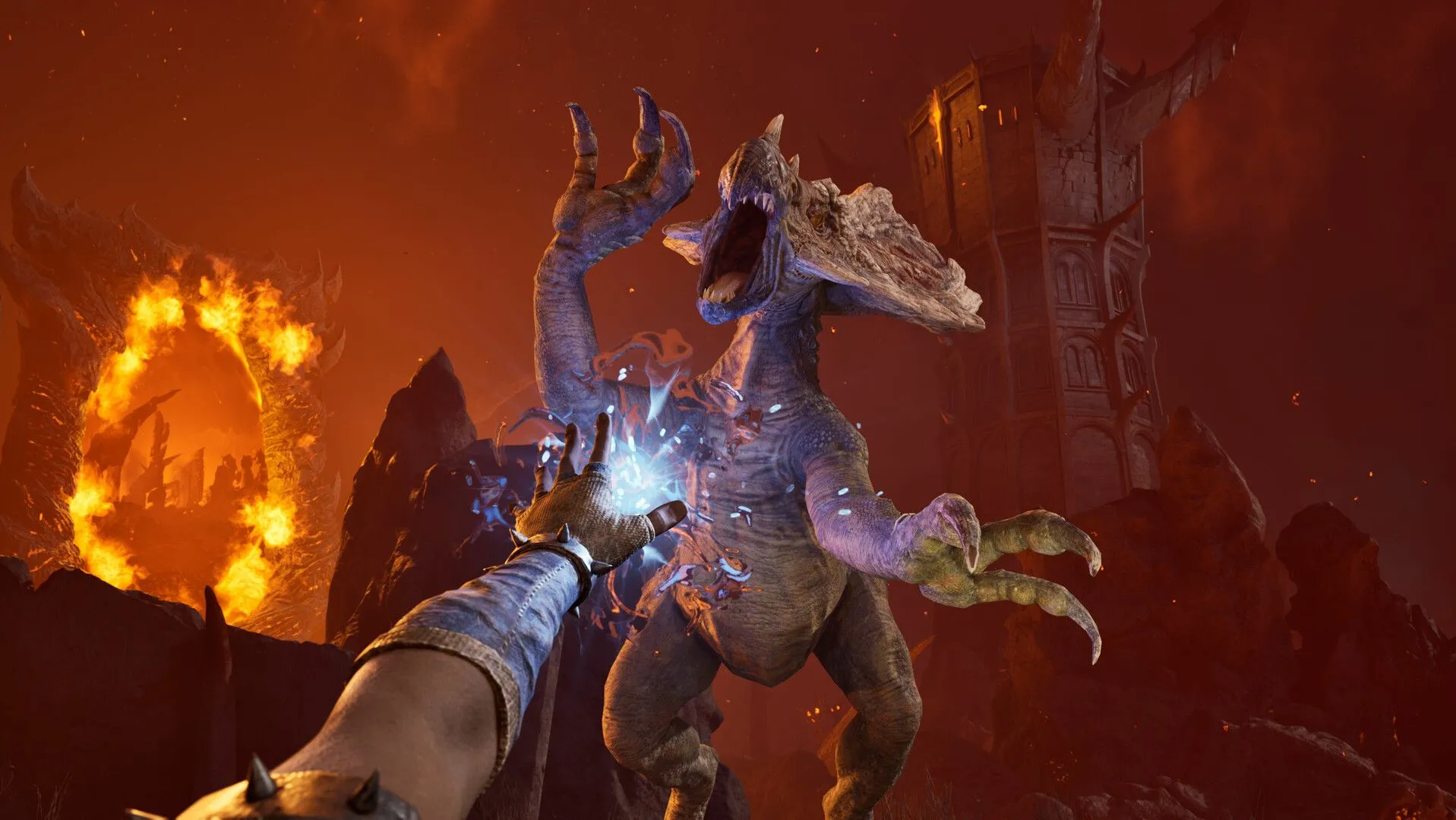 Cảnh chiến đấu ác liệt gần Cổng Oblivion dẫn vào Deadlands, thể hiện mối đe dọa từ cuộc Khủng hoảng Oblivion mà người chơi phải đối mặt khi cứu Kvatch
