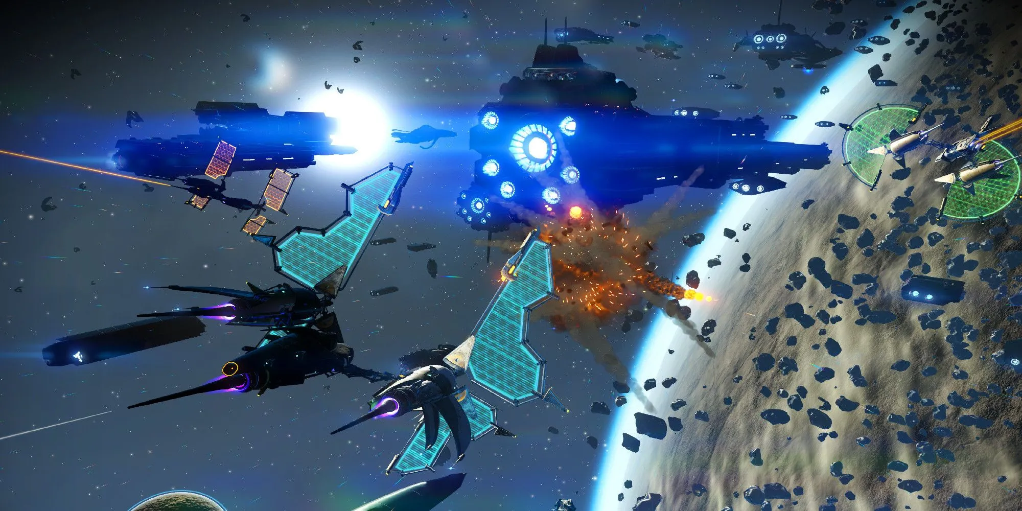 Cảnh chiến đấu phi thuyền trong No Man's Sky với hiệu ứng cháy nổ đẹp mắt