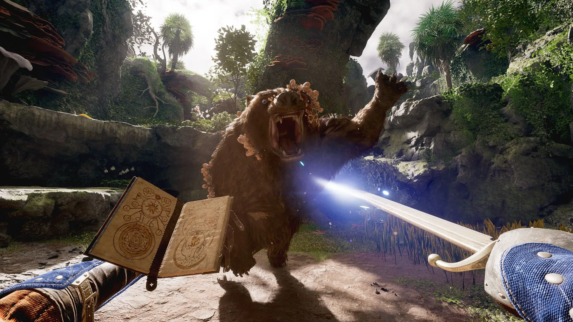 Cảnh chiến đấu trong game Avowed, nhân vật chính sử dụng phép thuật và vũ khí cận chiến