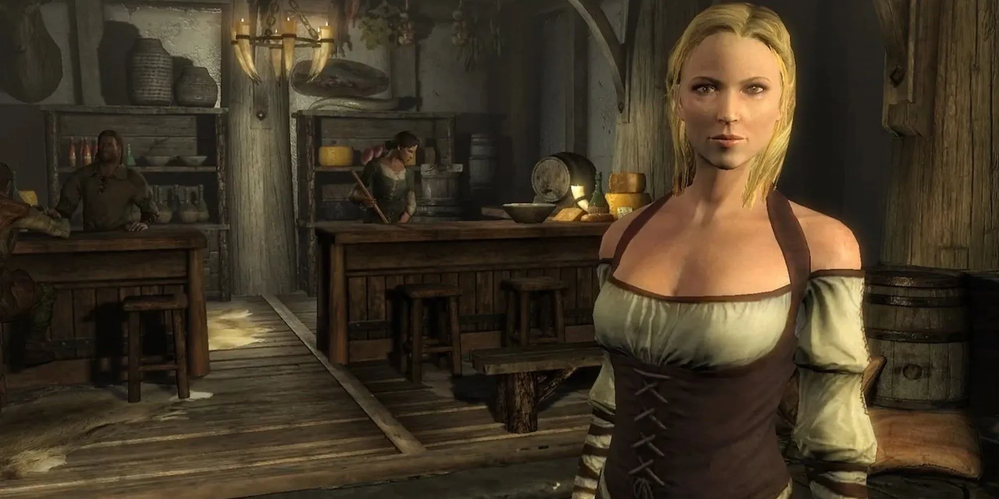 Cảnh cửa hàng với nhiều hàng hóa trong Skyrim, The Elder Scrolls V, thể hiện sự phong phú của vật phẩm