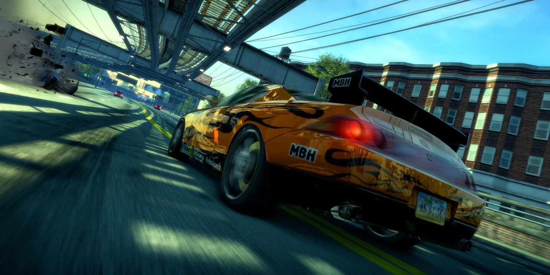 Cảnh đua xe đầy kịch tính trong Burnout Paradise Remastered với hiệu ứng cháy nổ