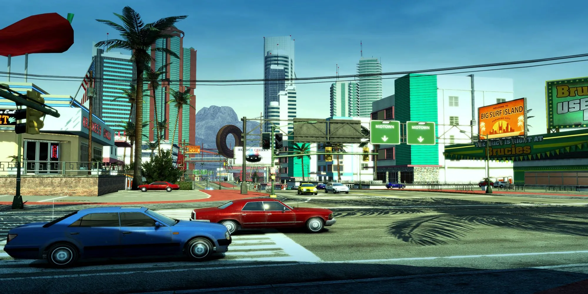 Cảnh đua xe trong thành phố Paradise City từ game Burnout Paradise Remastered.