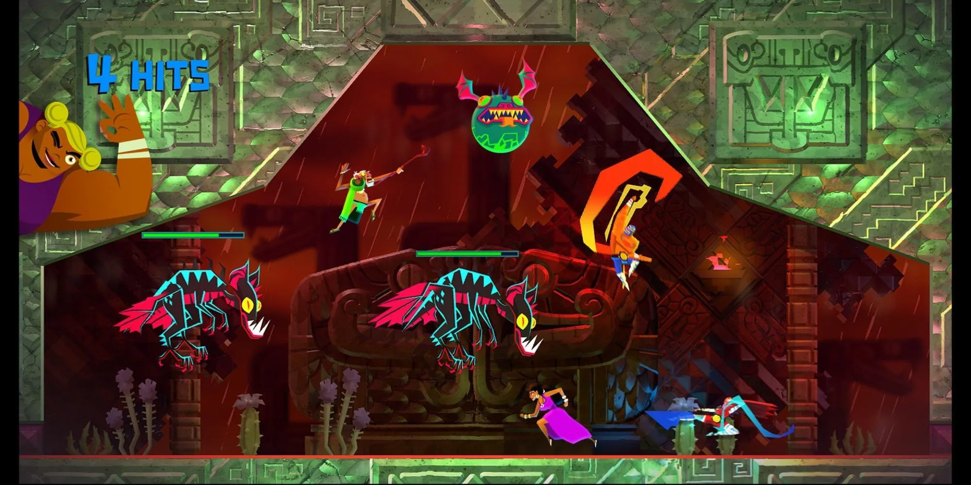 Cảnh gameplay co-op trong Guacamelee 2, thể hiện lối chơi hành động 2D và môi trường game
