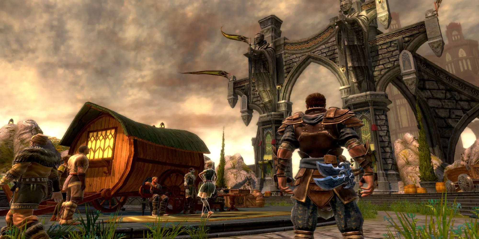 Cảnh gameplay từ Kingdoms of Amalur Reckoning, thể hiện chiến đấu hành động trong thế giới fantasy đầy màu sắc