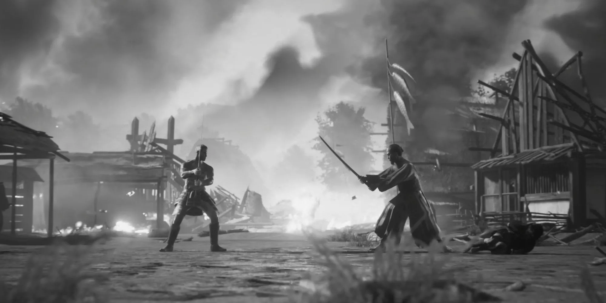 Cảnh hai kiếm sĩ chuẩn bị đối đầu trong Trek To Yomi, hé lộ diễn biến tiếp theo của game