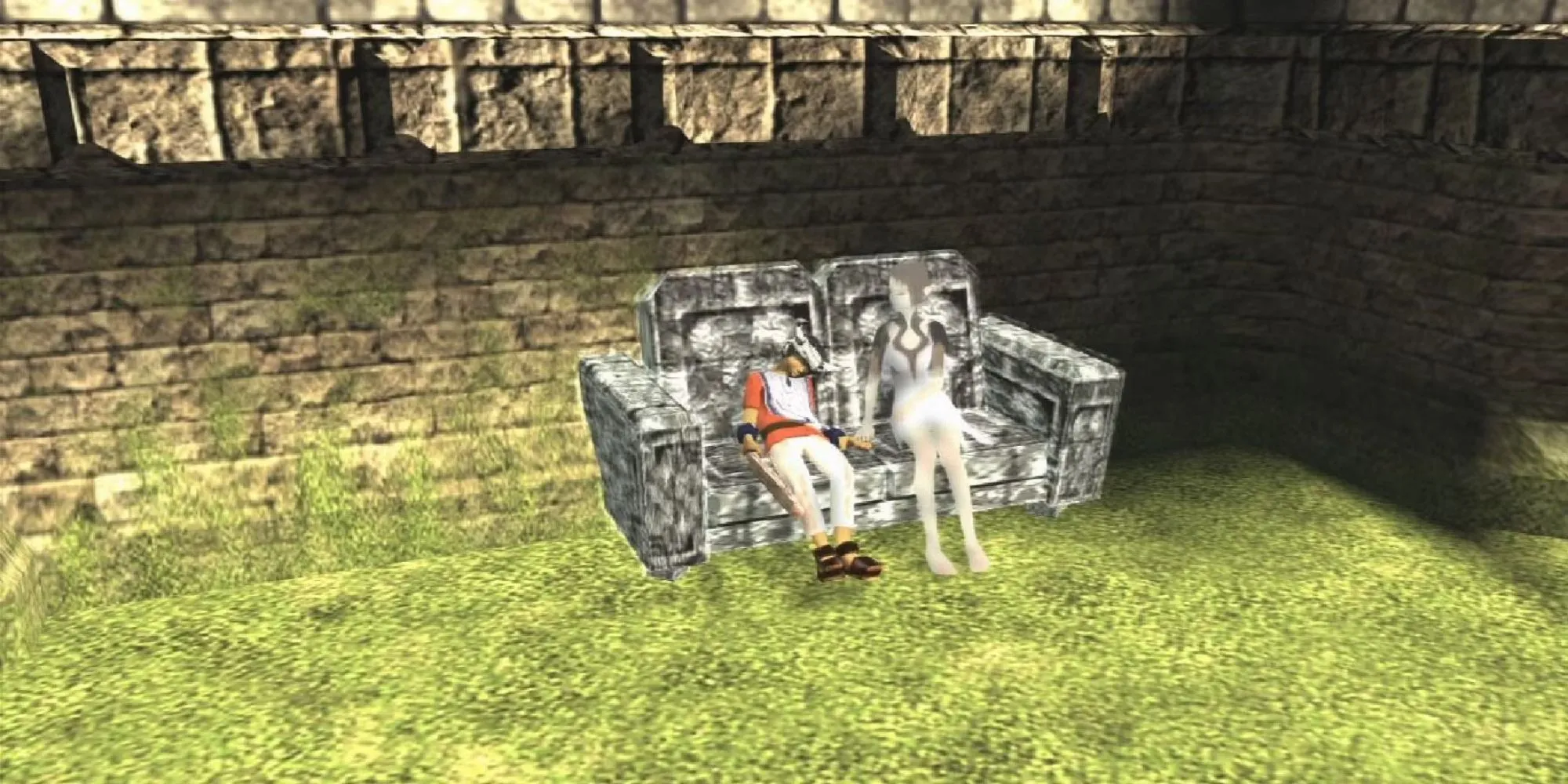 Cảnh Ico và Yorda tại một điểm lưu game trong Ico trên PS2, thể hiện không khí u buồn của game