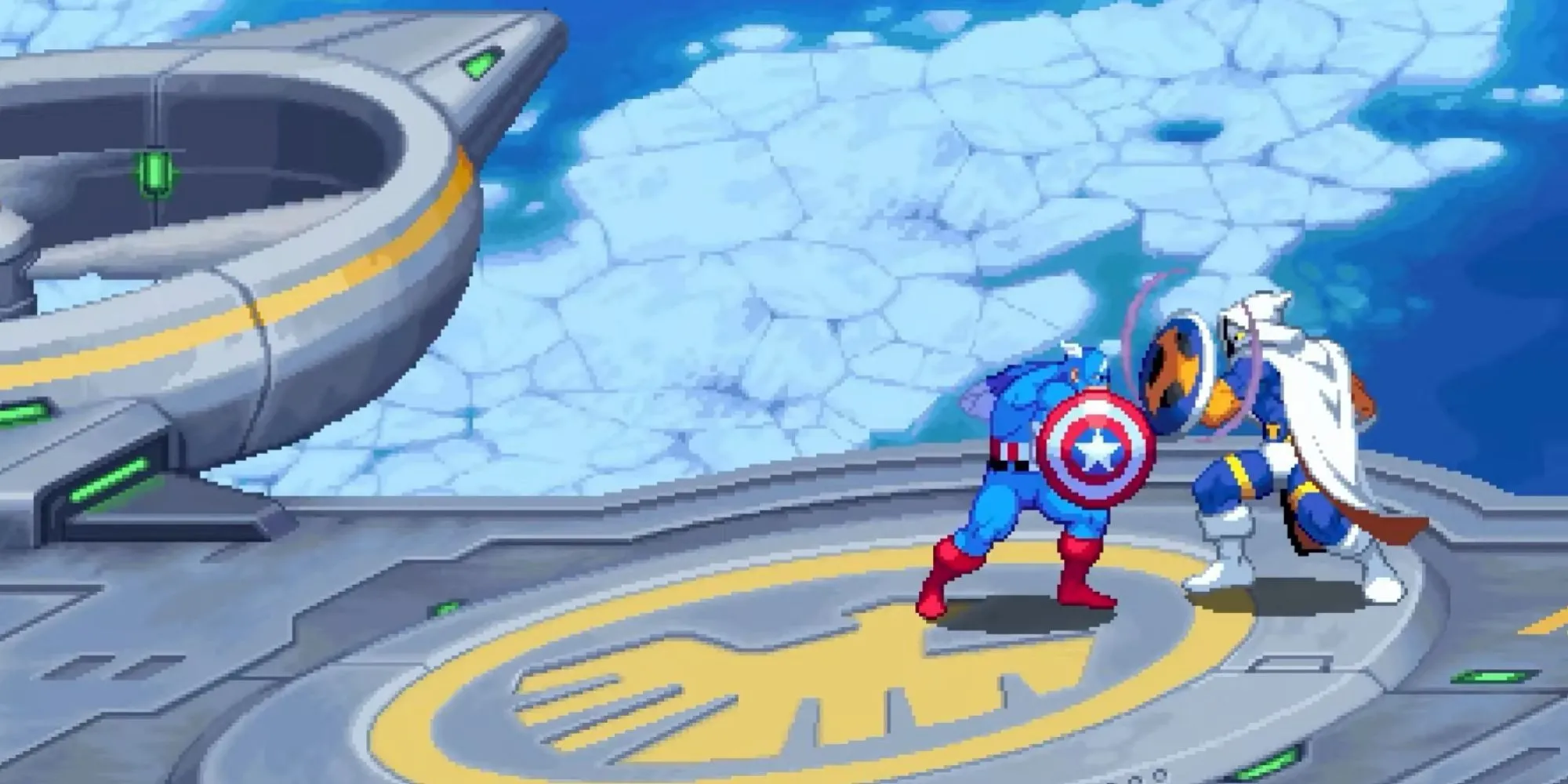 Captain America đối đầu Taskmaster trong game Marvel Cosmic Invasion trên Helicarrier