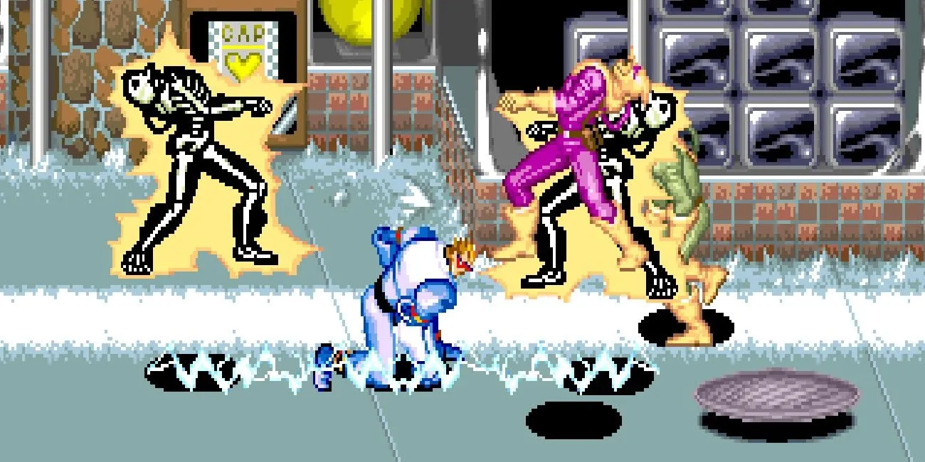 Captain Commando sử dụng chiêu thức điện gây sát thương diện rộng trong game beat 'em up SNES