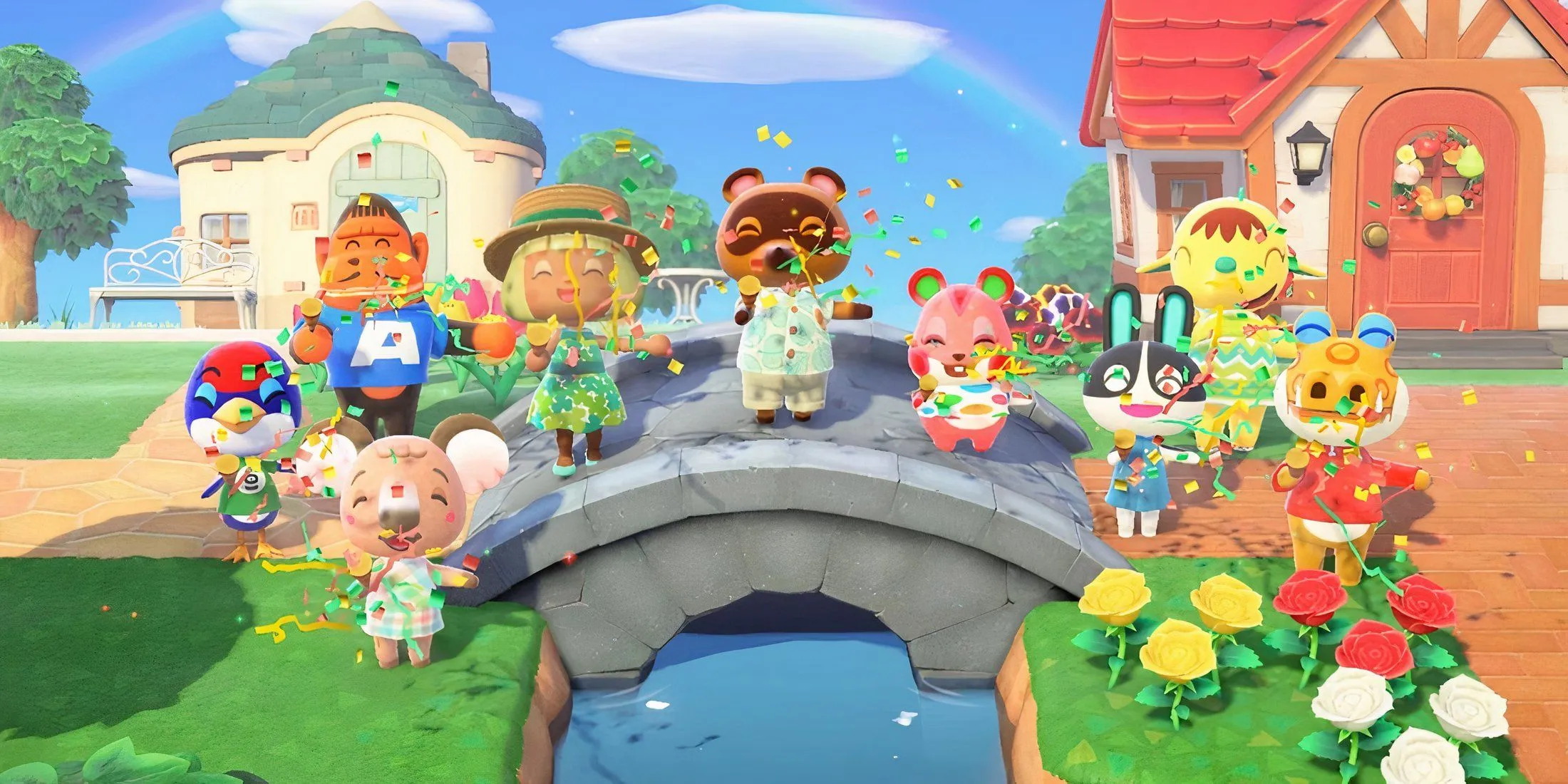 Cầu trong Animal Crossing New Horizons với nhiều nhân vật tham gia một bữa tiệc nhỏ