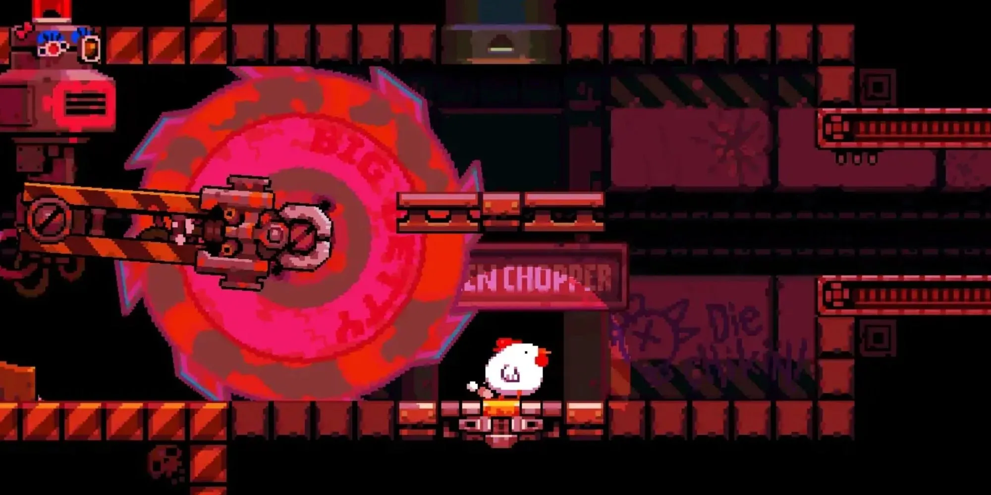 Chú gà màu xanh đặt bom để di chuyển lên cao và phá hủy chướng ngại vật trong game Bomb Chicken