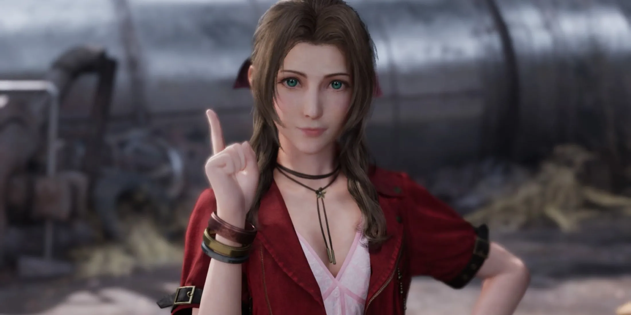 Cloud Strife và Aerith trong Final Fantasy VII Remake nhìn về phía tòa nhà Shinra
