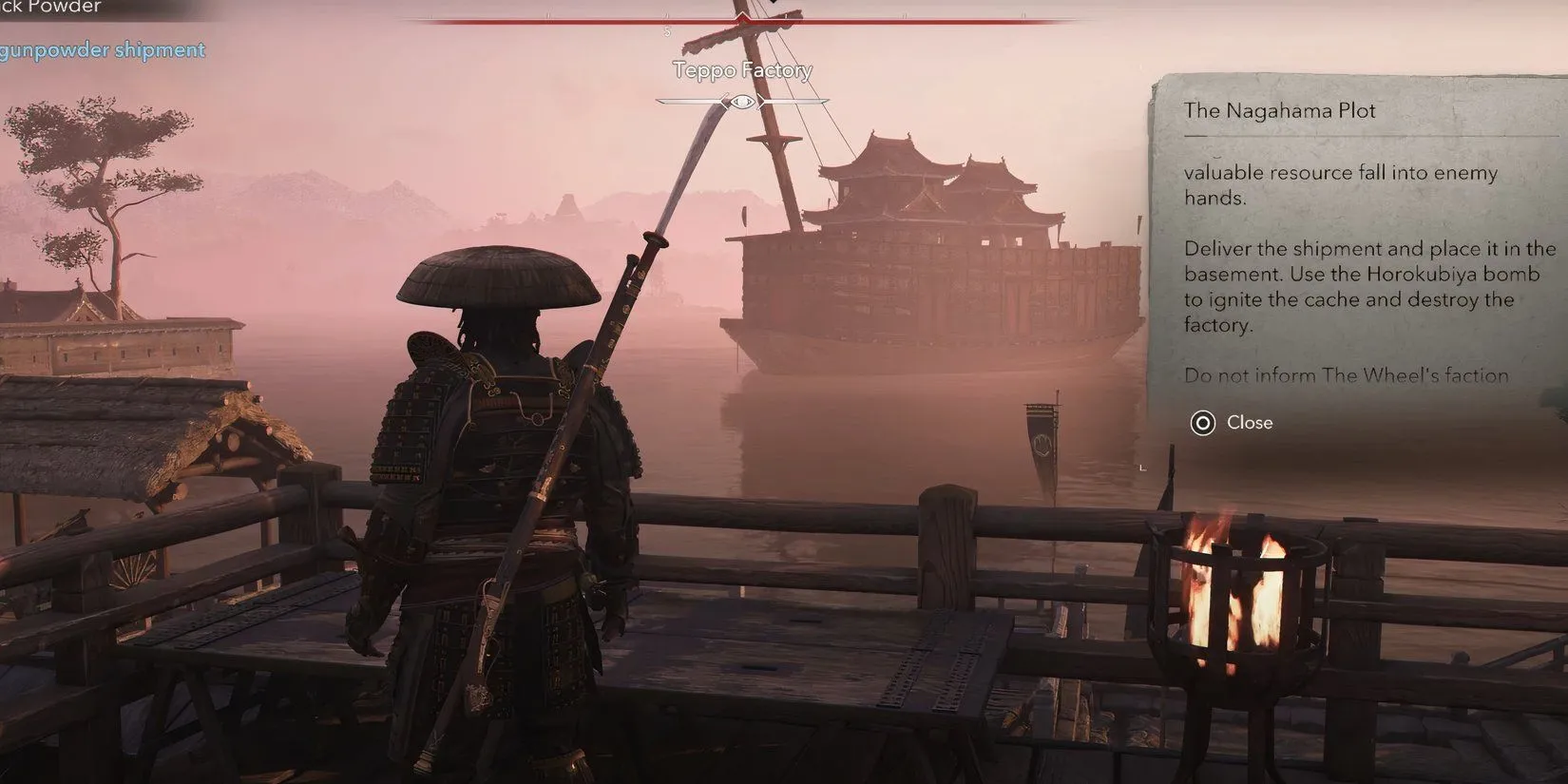 Con tàu chở thuốc súng neo đậu ngoài khơi Nagahama trong Assassin's Creed Shadows.