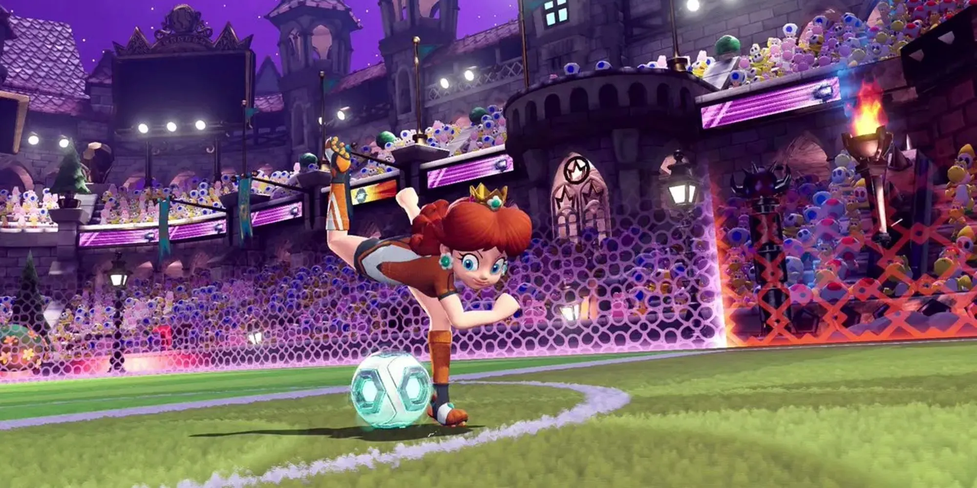 Công chúa Daisy tung cú sút trong game bóng đá Mario Strikers: Battle League trên Nintendo Switch