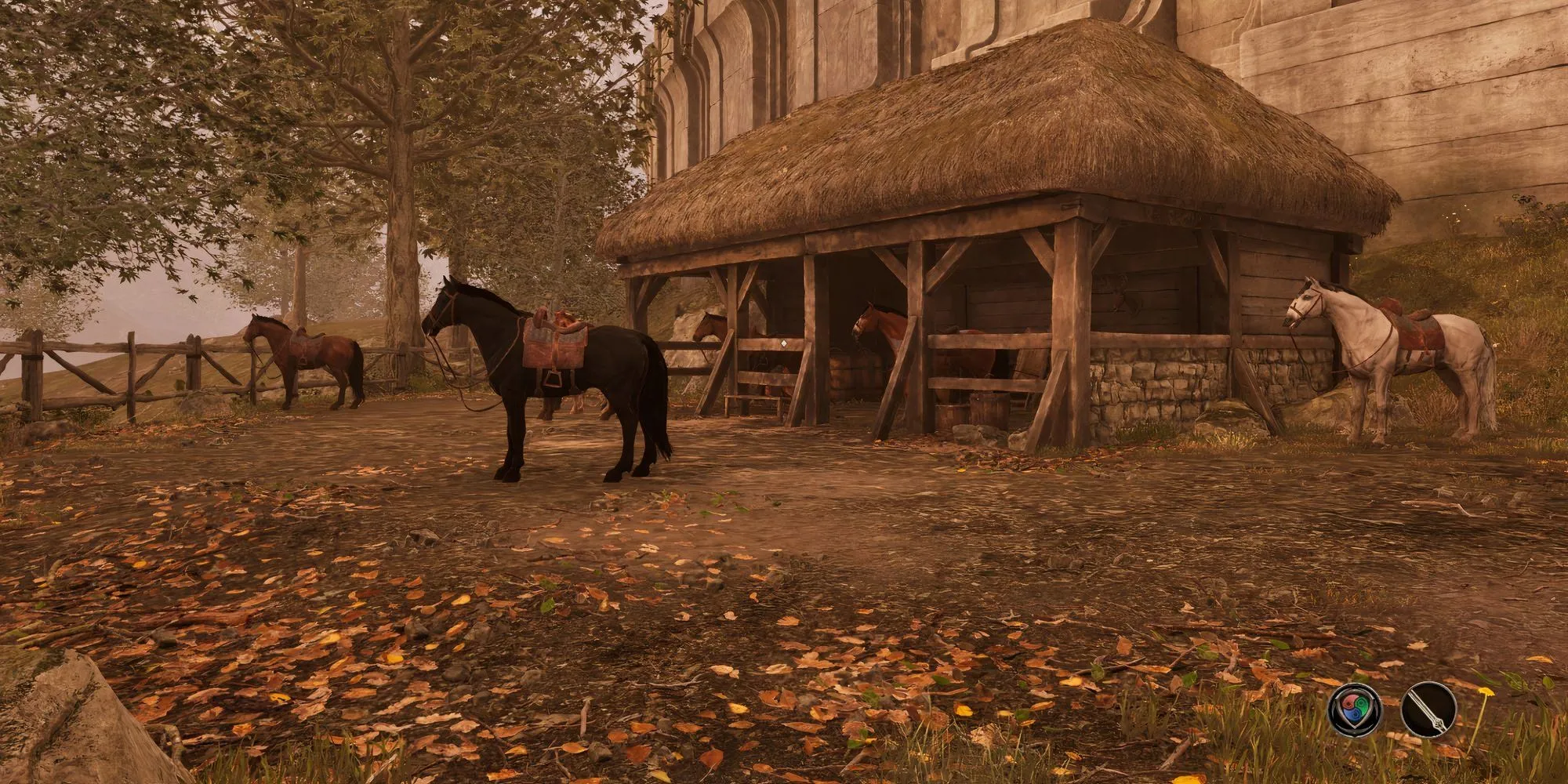 Cổng chuồng ngựa Chestnut Handy Stables trong Oblivion Remastered, nơi người chơi có thể tìm ngựa đầu tiên