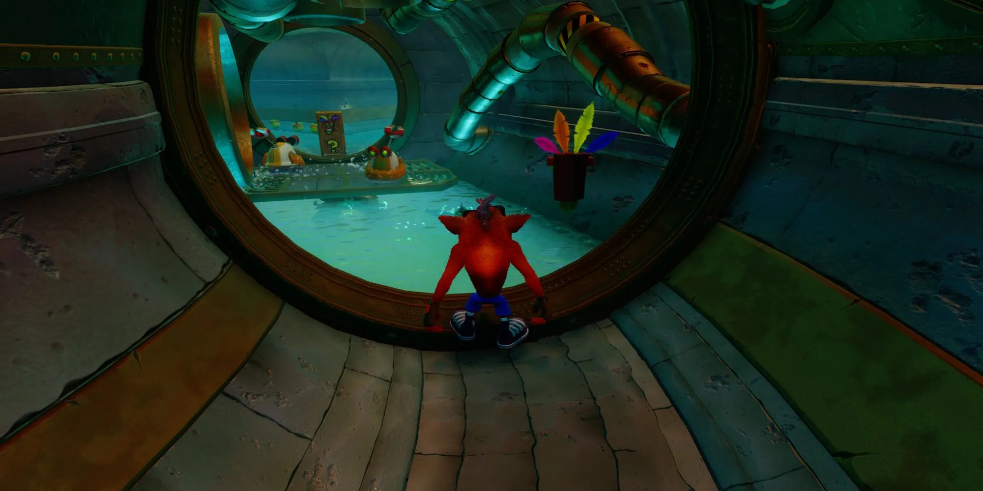 Crash Bandicoot di chuyển trong đường ống nước và tránh lươn điện ở màn The Eel Deal