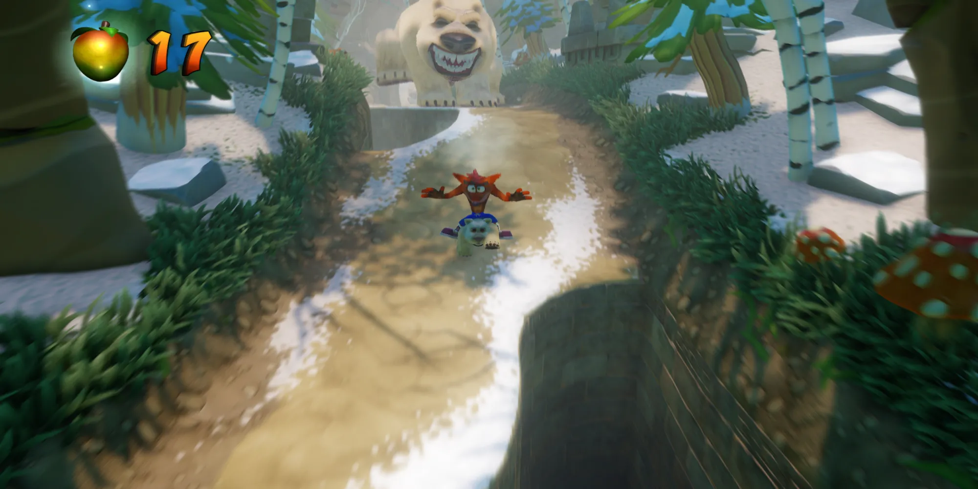 Crash bị một con gấu Bắc Cực khổng lồ rượt đuổi trong màn Unbearable của Crash Bandicoot 2