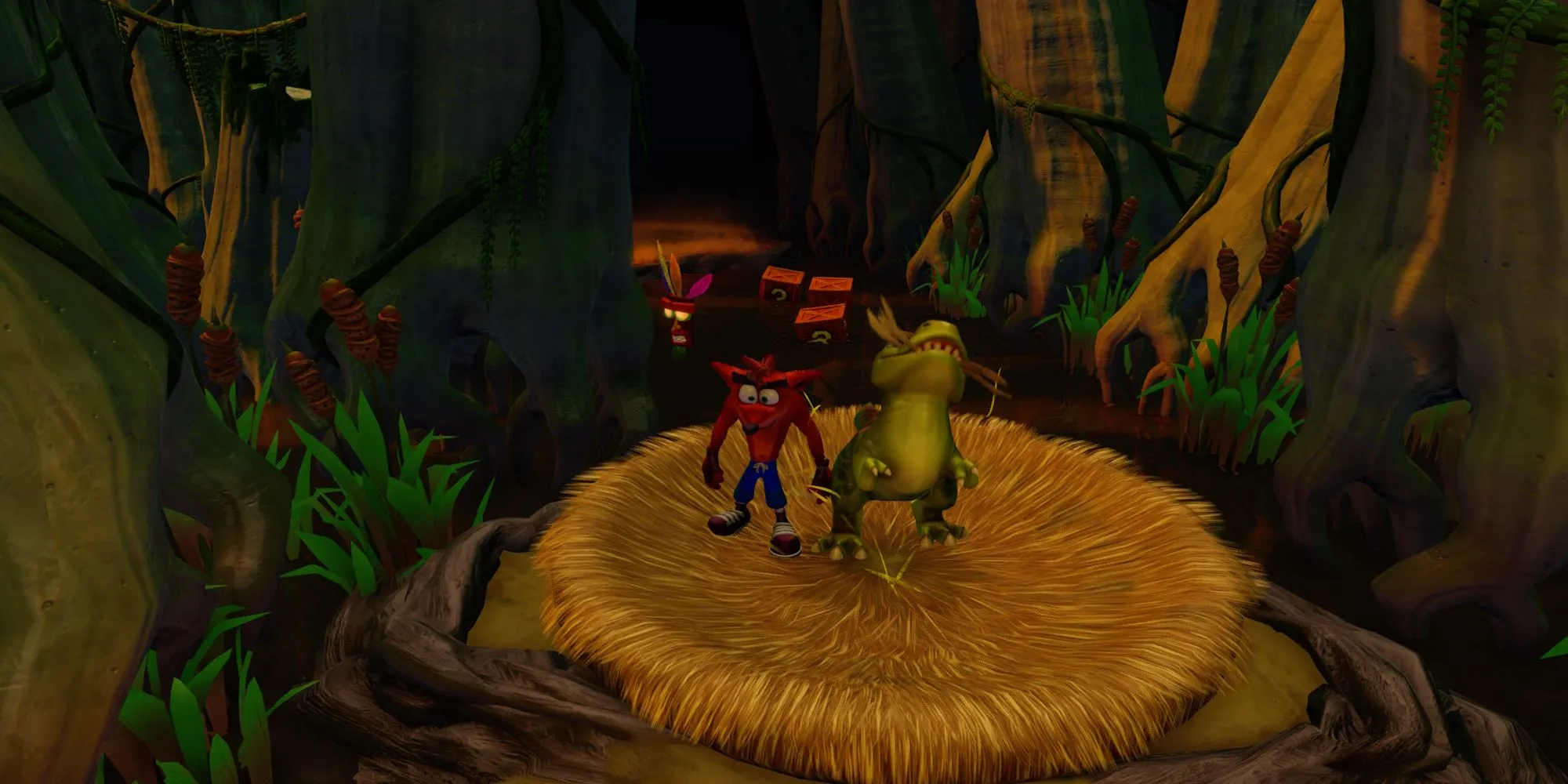 Crash cưỡi khủng long con Baby T trong màn Dino Might của Crash Bandicoot 3