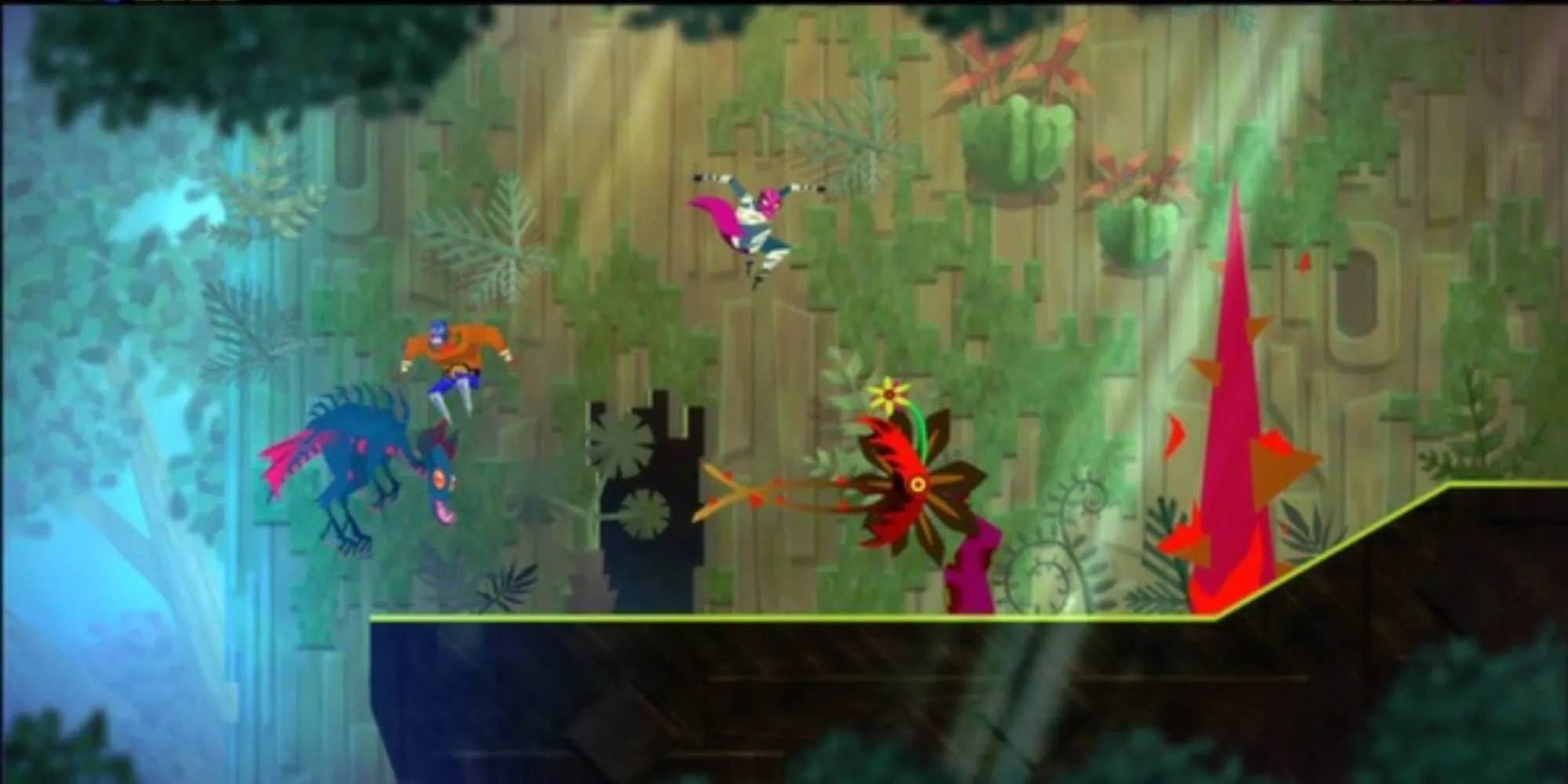 Đô vật Juan trong Guacamelee! tung cú đấm mạnh mẽ giữa khung cảnh lễ hội Mexico đầy màu sắc và các yếu tố platforming