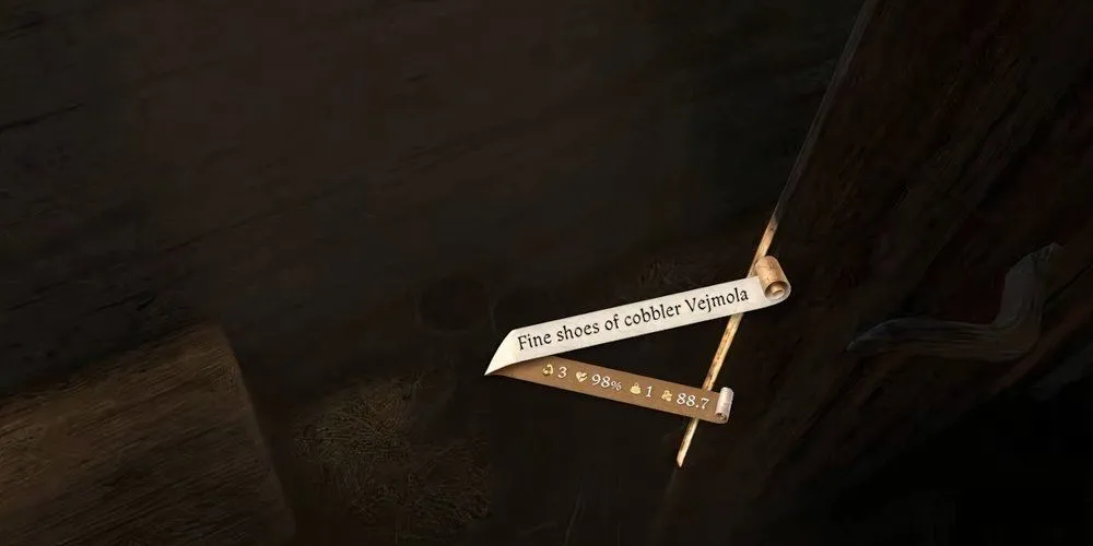 Đôi giày của thợ đóng giày Vejmola nằm trên sàn nhà trong nhiệm vụ All's Fair, Kingdom Come Deliverance 2