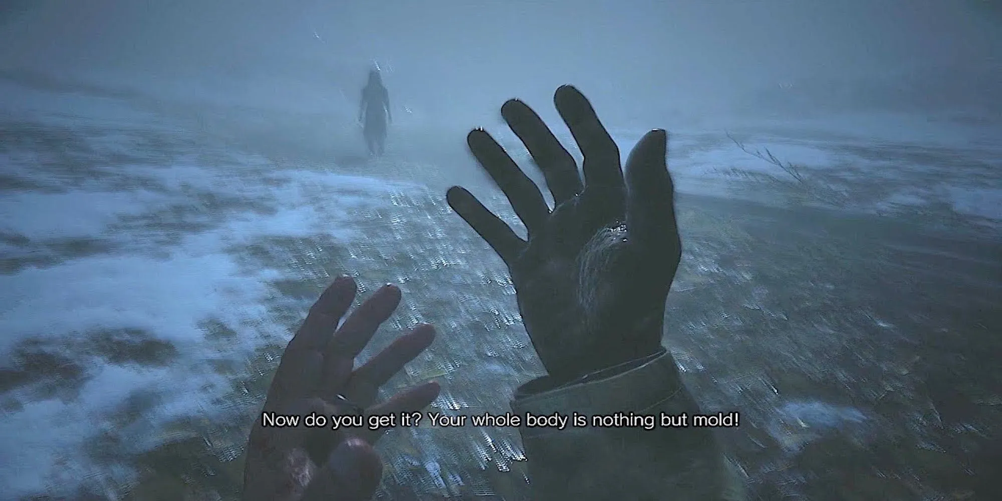Ethan Winters nhìn vào bàn tay, dấu hiệu khả năng hồi phục phi thường trong Resident Evil Village