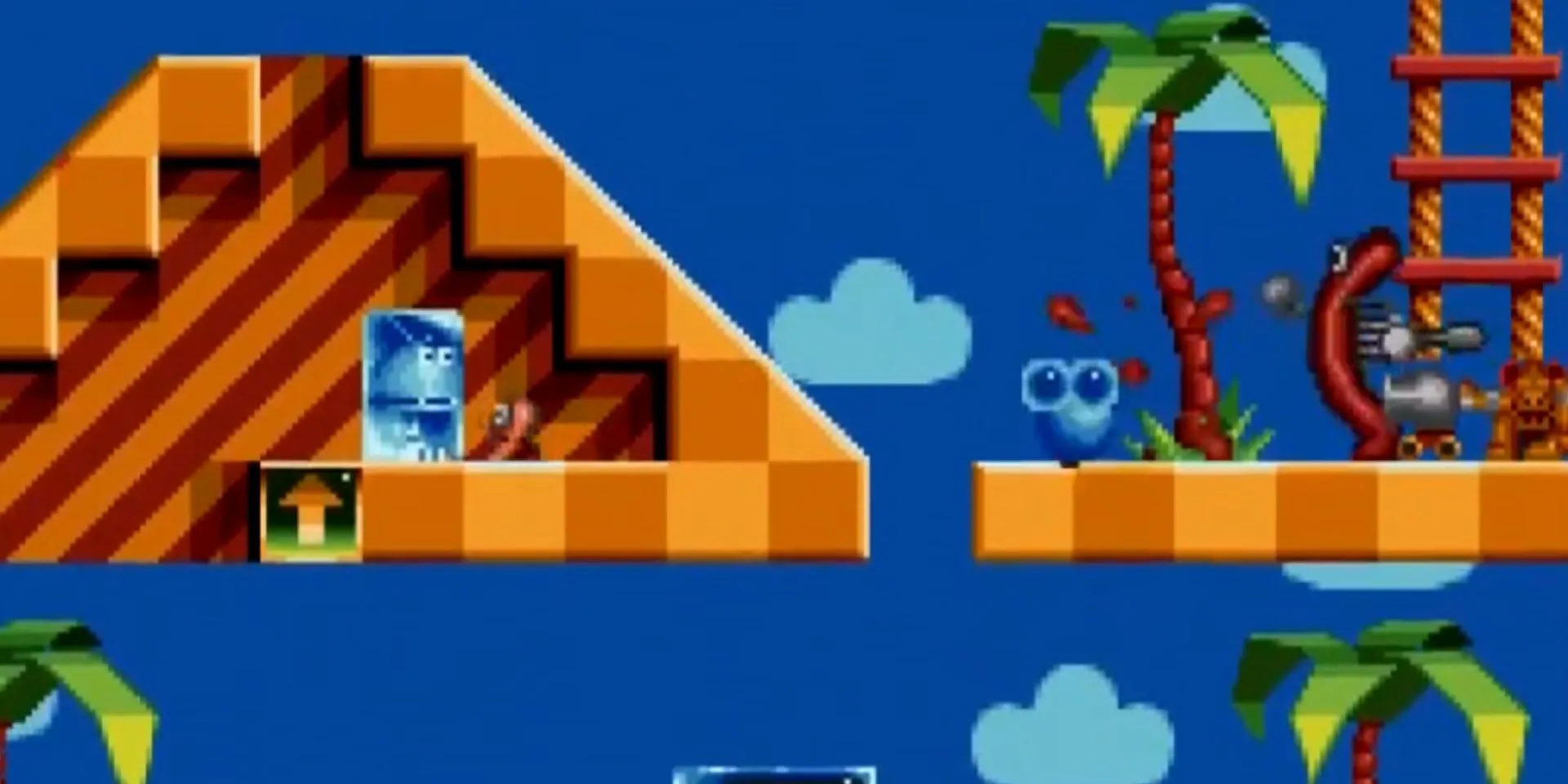 Gameplay của Super Putty trên SNES, nhân vật là khối chất dẻo màu xanh với khả năng biến hình và hấp thụ kẻ địch