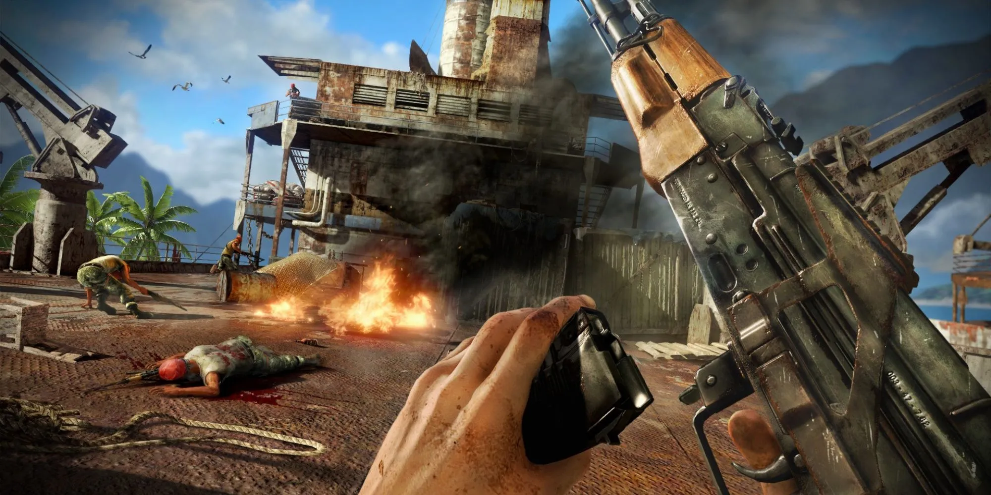 Gameplay Far Cry 3 trên Steam, thể hiện cảnh rừng nhiệt đới và nhân vật