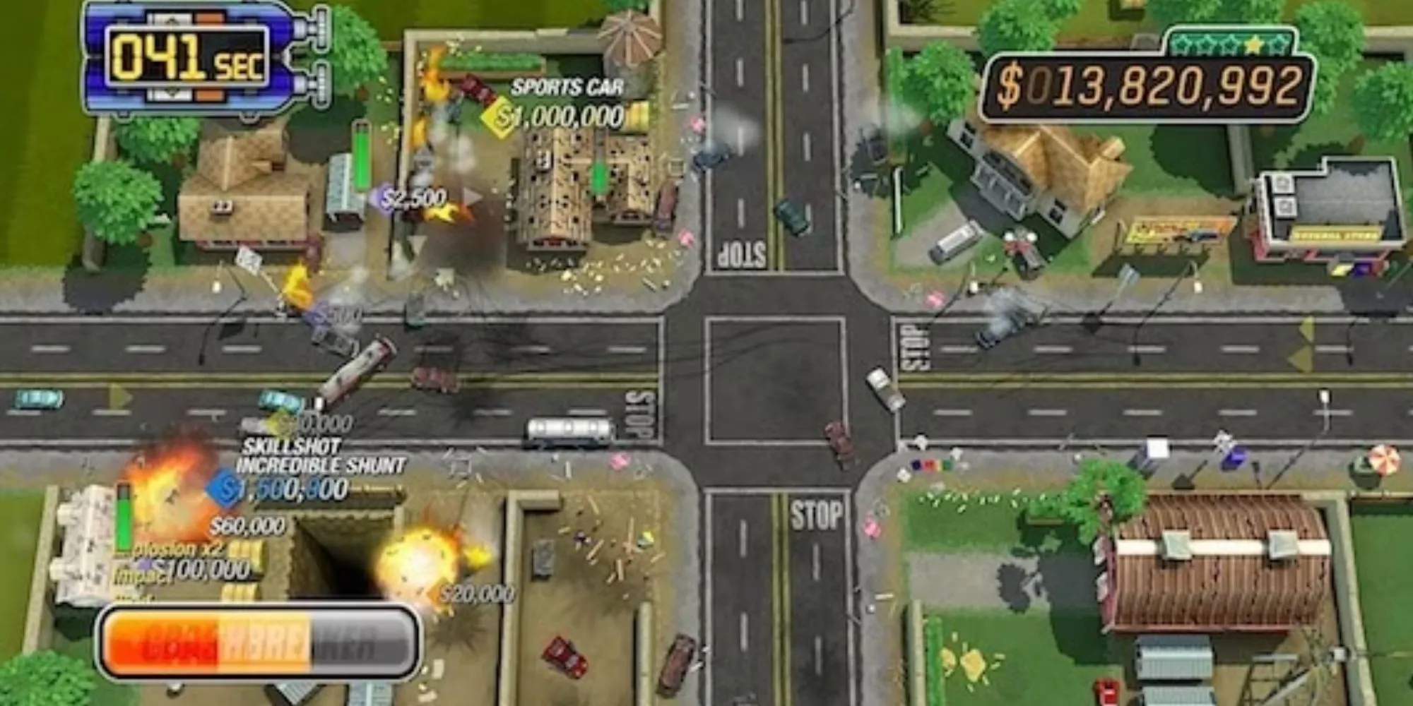 Gameplay màn hình từ trên xuống của Burnout Crash! với nhiều vụ nổ và xe cảnh sát.