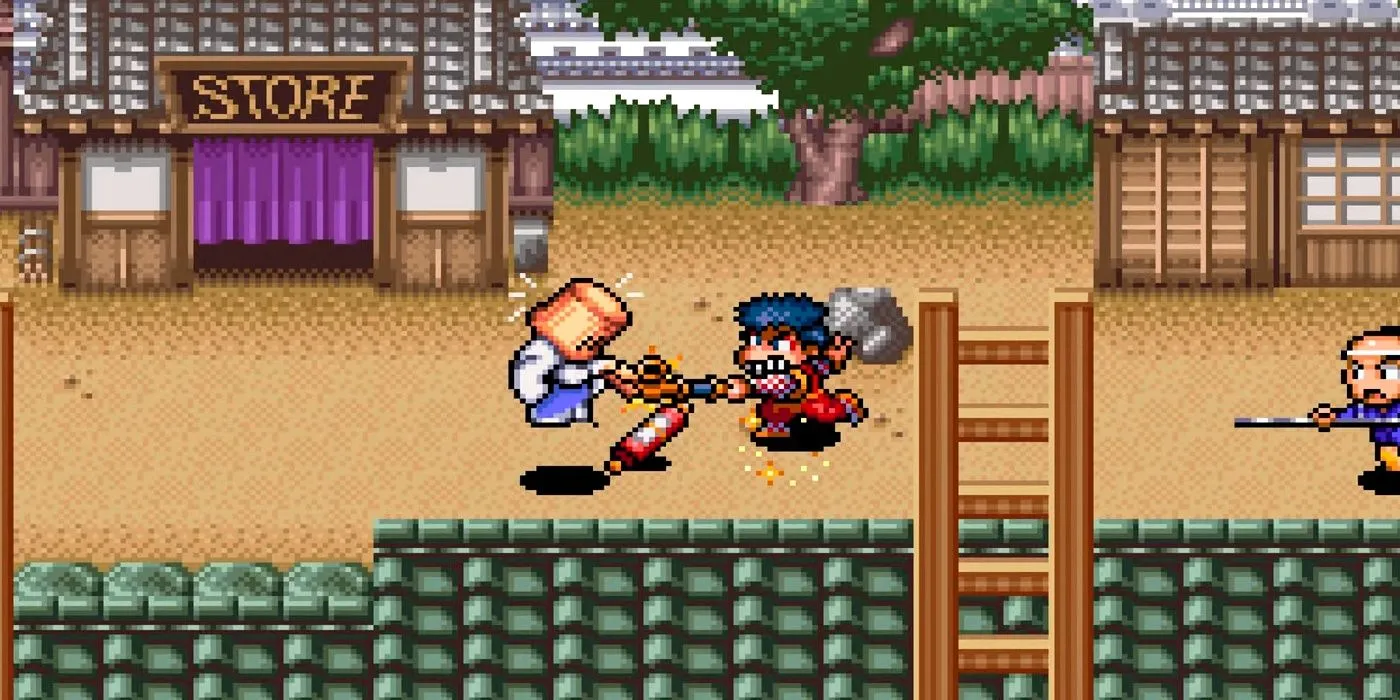 Gameplay trong The Legend of the Mystical Ninja, game hành động nhập vai SNES với chế độ co-op