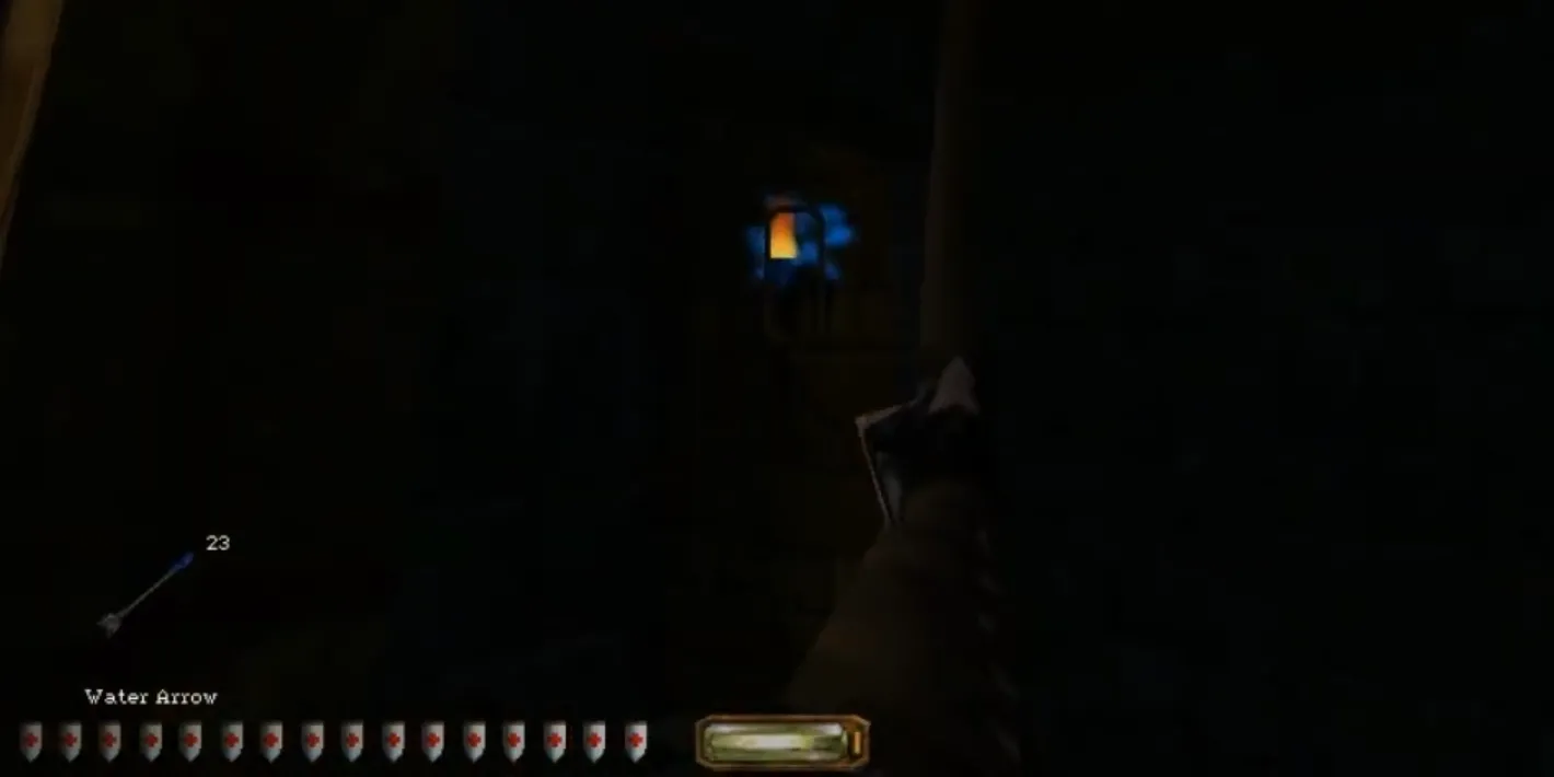 Garrett chuẩn bị bắn mũi tên nước trong game Thief The Dark Project