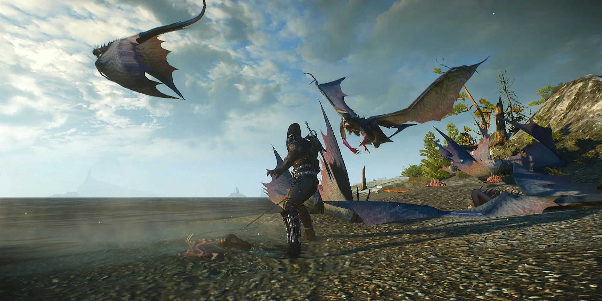 Geralt đối mặt với Harpies ở Skellige trong The Witcher 3 không hiển thị HUD