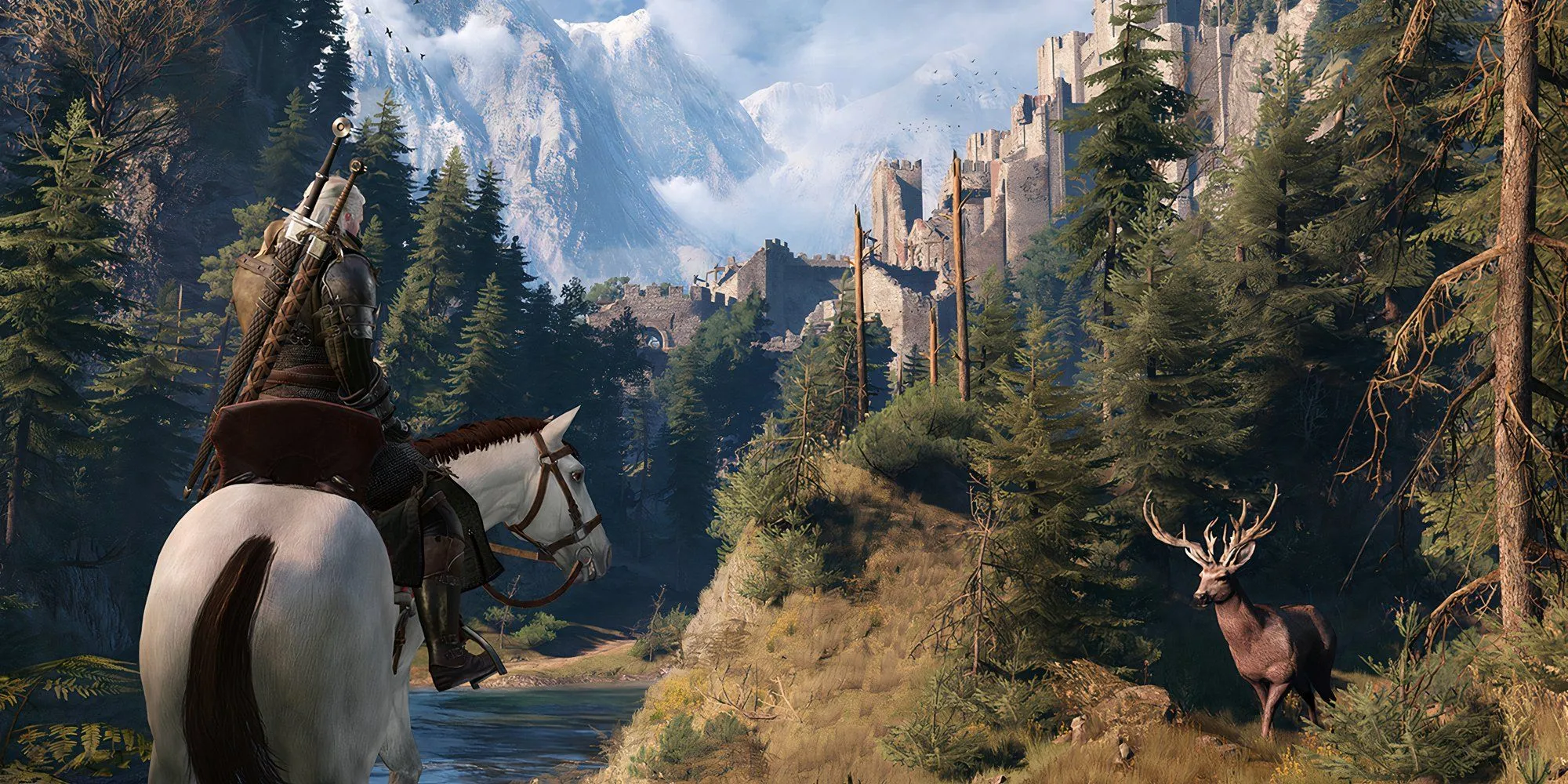 Geralt xứ Rivia cưỡi ngựa qua những người dân trên đường phố trong The Witcher 3 Wild Hunt