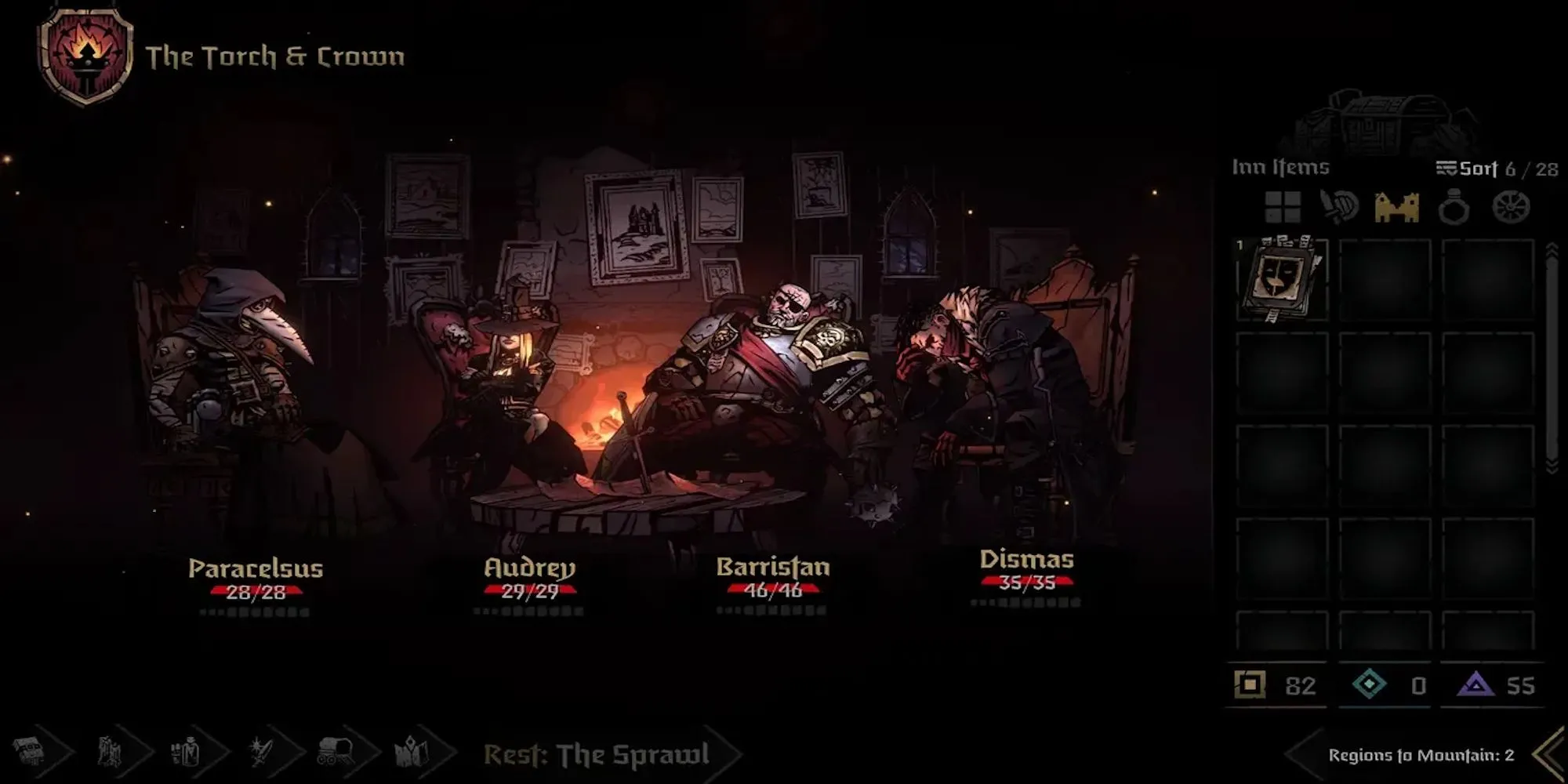 Giao diện chiến đấu của Darkest Dungeon với nhóm anh hùng đối mặt với quái vật, thể hiện đồ họa gothic và hệ thống căng thẳng độc đáo.